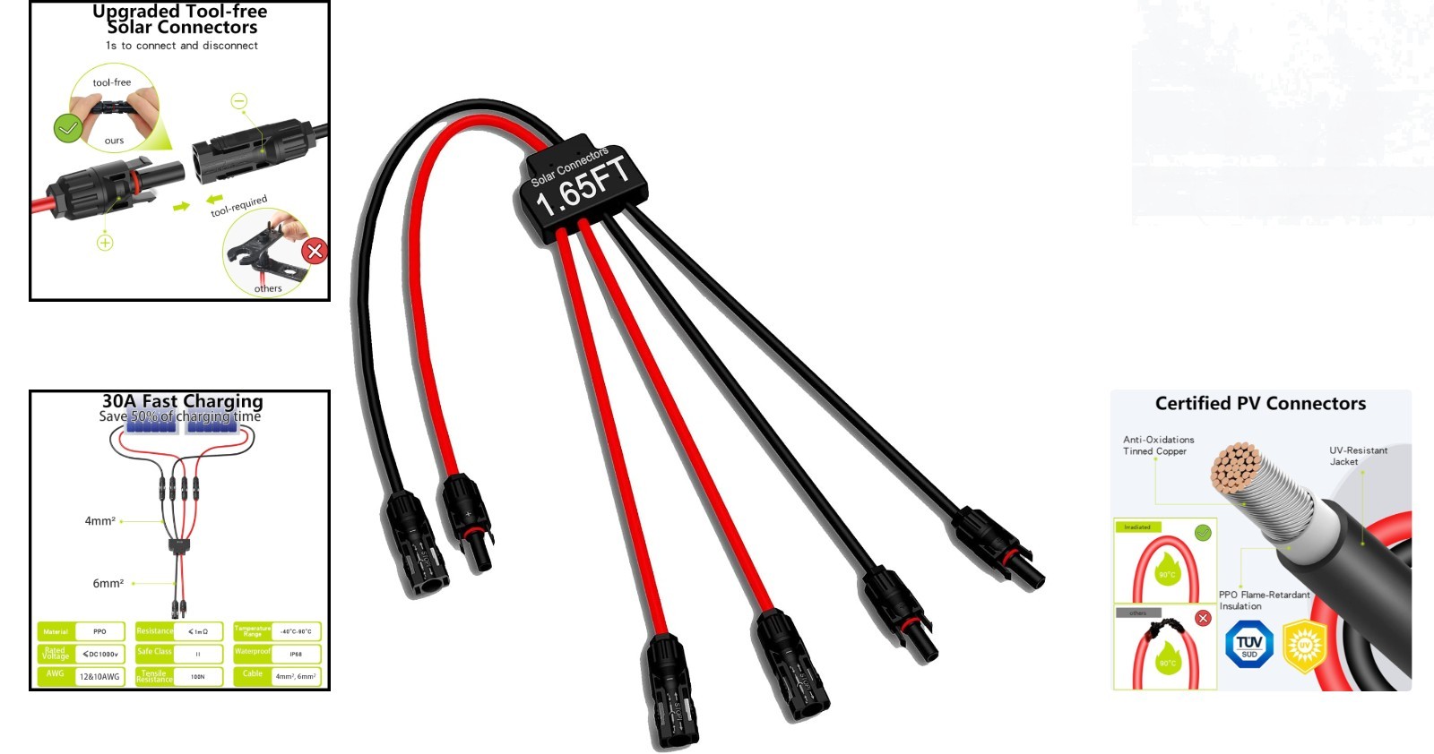 Heat-Resistant Solar Connector Cable, 2 to 4 Panels Adapter for Efficient Power