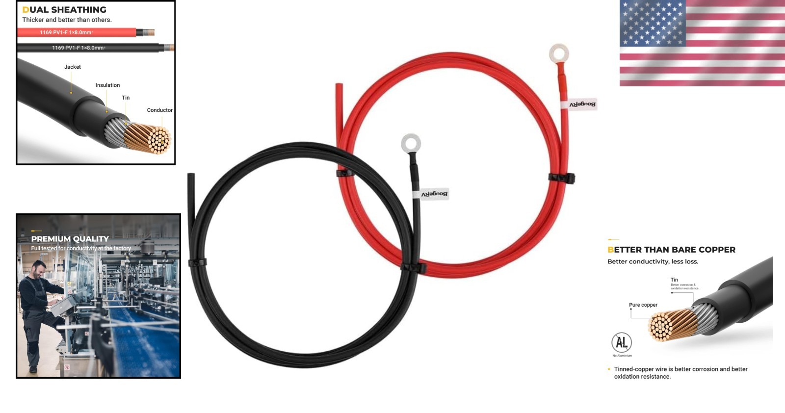 10AWG Solar Battery Connector – 8ft Male to Female Extension Cable, Pure Copper