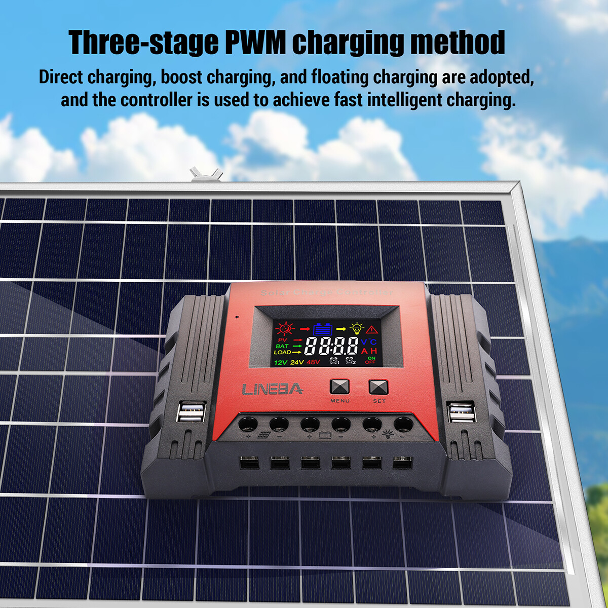 30A Solar Charge Controller 100A PWM Regulator for 12V 24V with 4 USB Ports