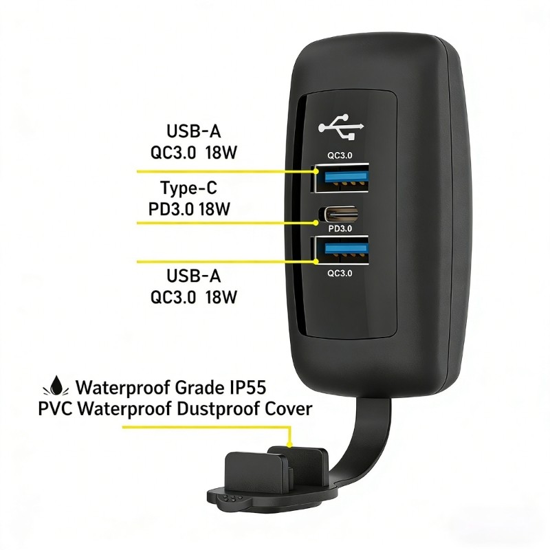 12V 24V Vehicle Chargers 3 Port RVs USB Outlet Panel QC3 0 USB And PD3 0 Type C