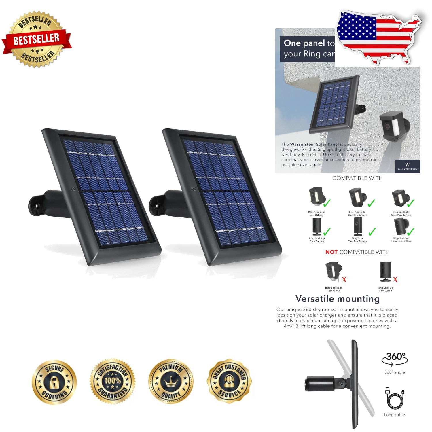 Ring Stick Up Cam Solar Panel 2 Pack Black: 13ft Cable, 360° Mount,