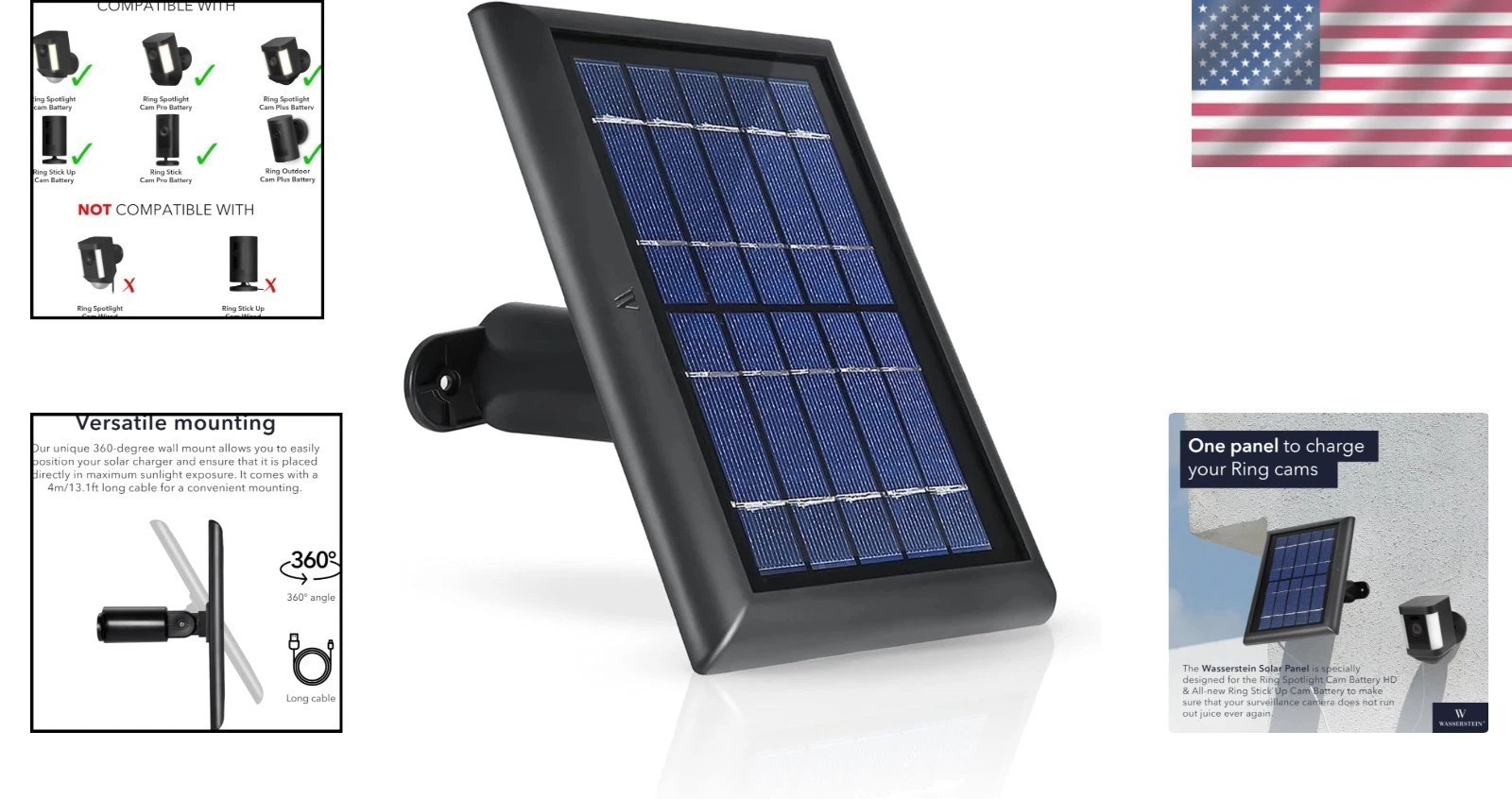 Easy Install Solar Panel for Ring Spotlight & Stick Up Cameras – 1-Pack, Black