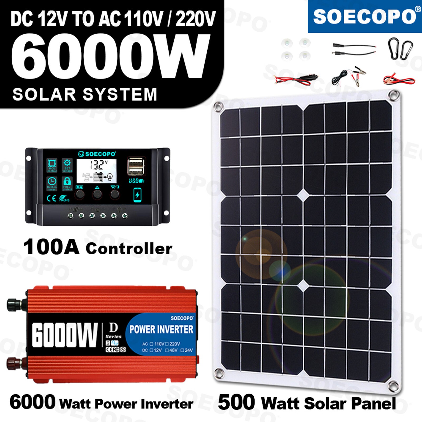 110V 6000W 100A Solar Panel Kit Complete Solar Power Generator Home Grid SysteJn