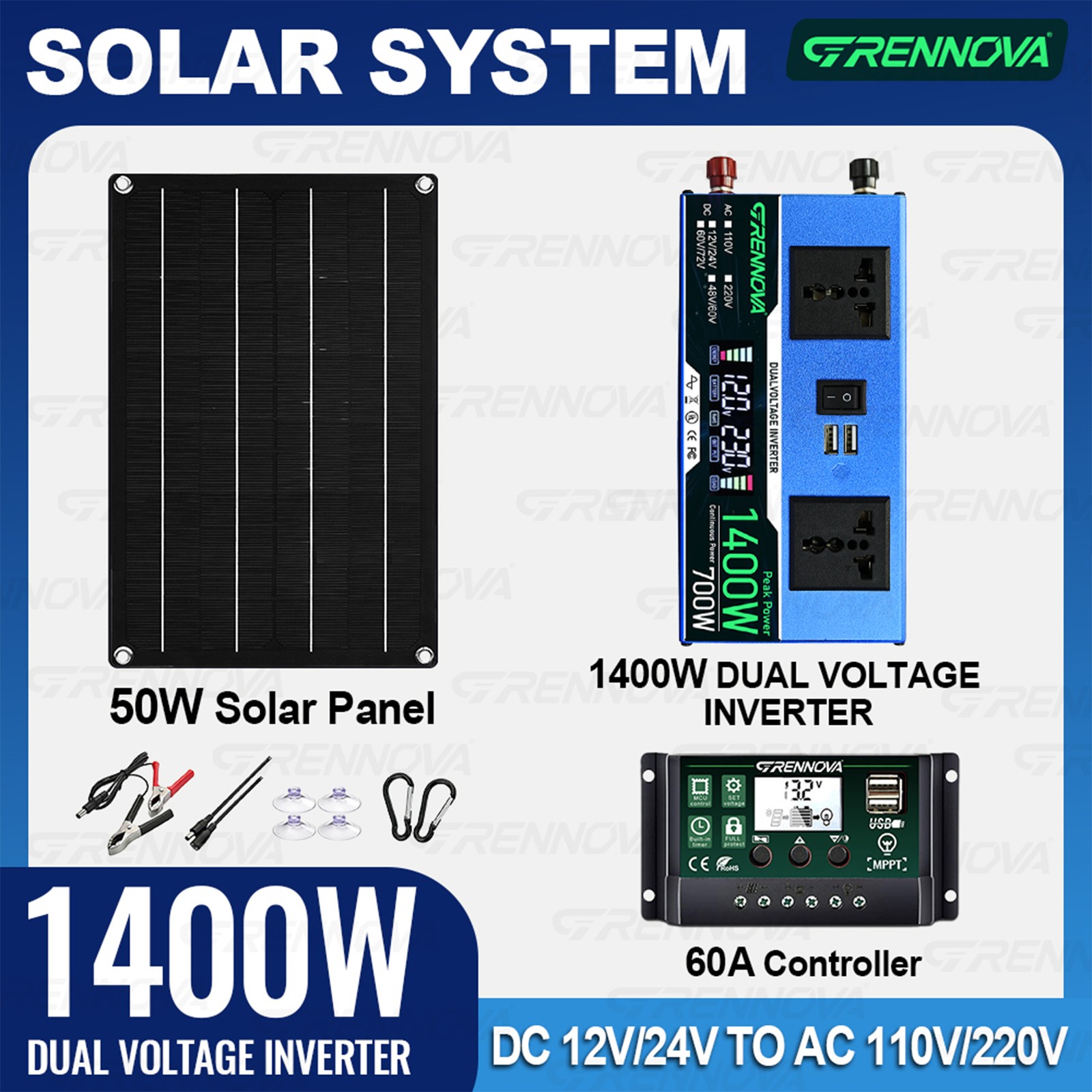 Grennova 1400W Emergency Solar Kit Dual Voltage Inverter 60A MPPT Off-Grid RV