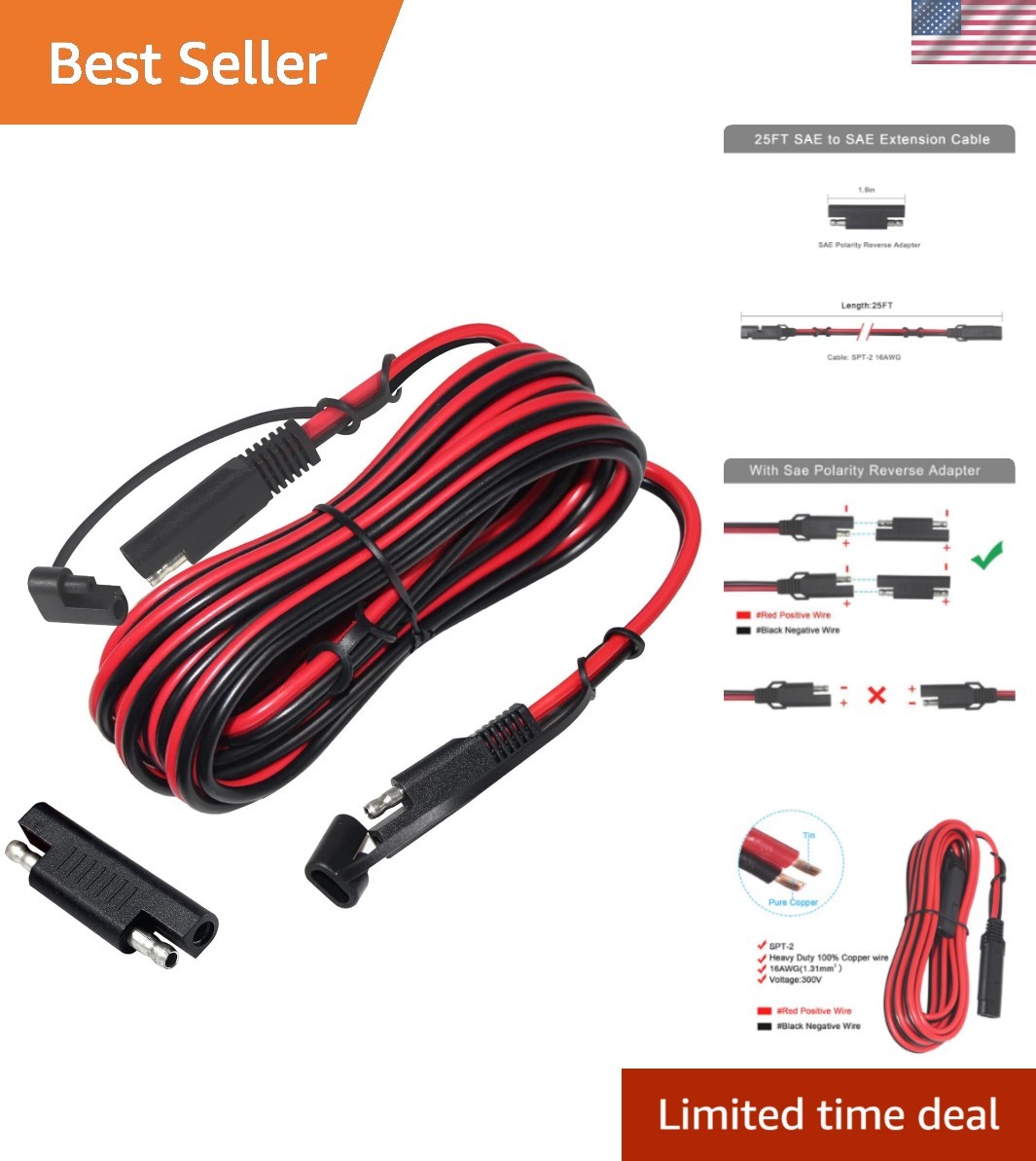 Weatherproof 25FT SAE Extension Cable with Polarity Reverse Adapter for Easy Use