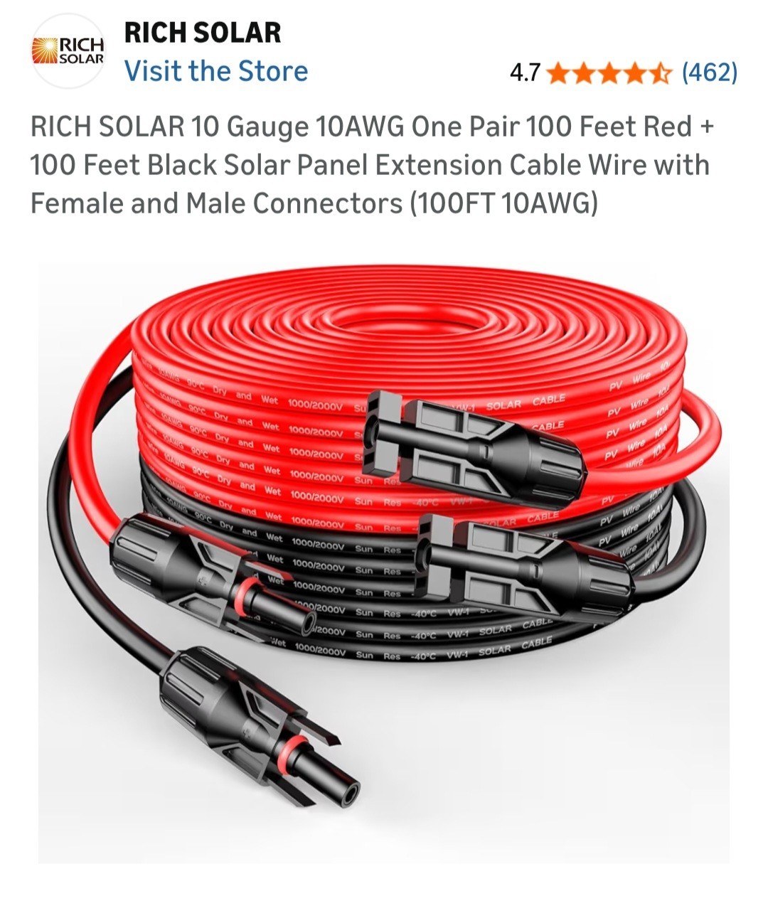 RICH SOLAR 10 Gauge 10AWG One Pair 100 Feet Red + 100 Feet Black Solar Panel