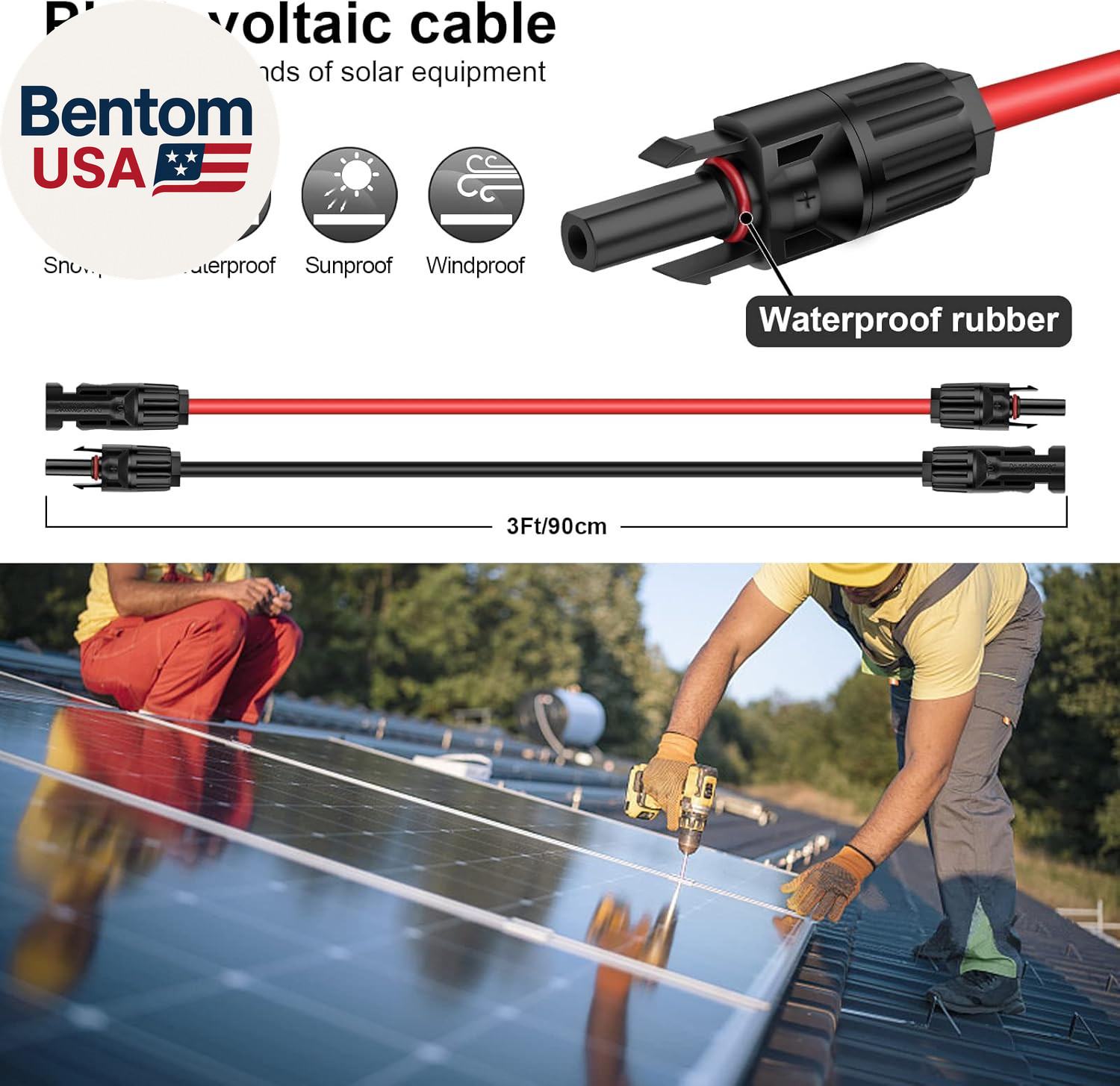 3 Feet 10AWG Solar Extension Cable with Solar Panel Female and Male Connector So