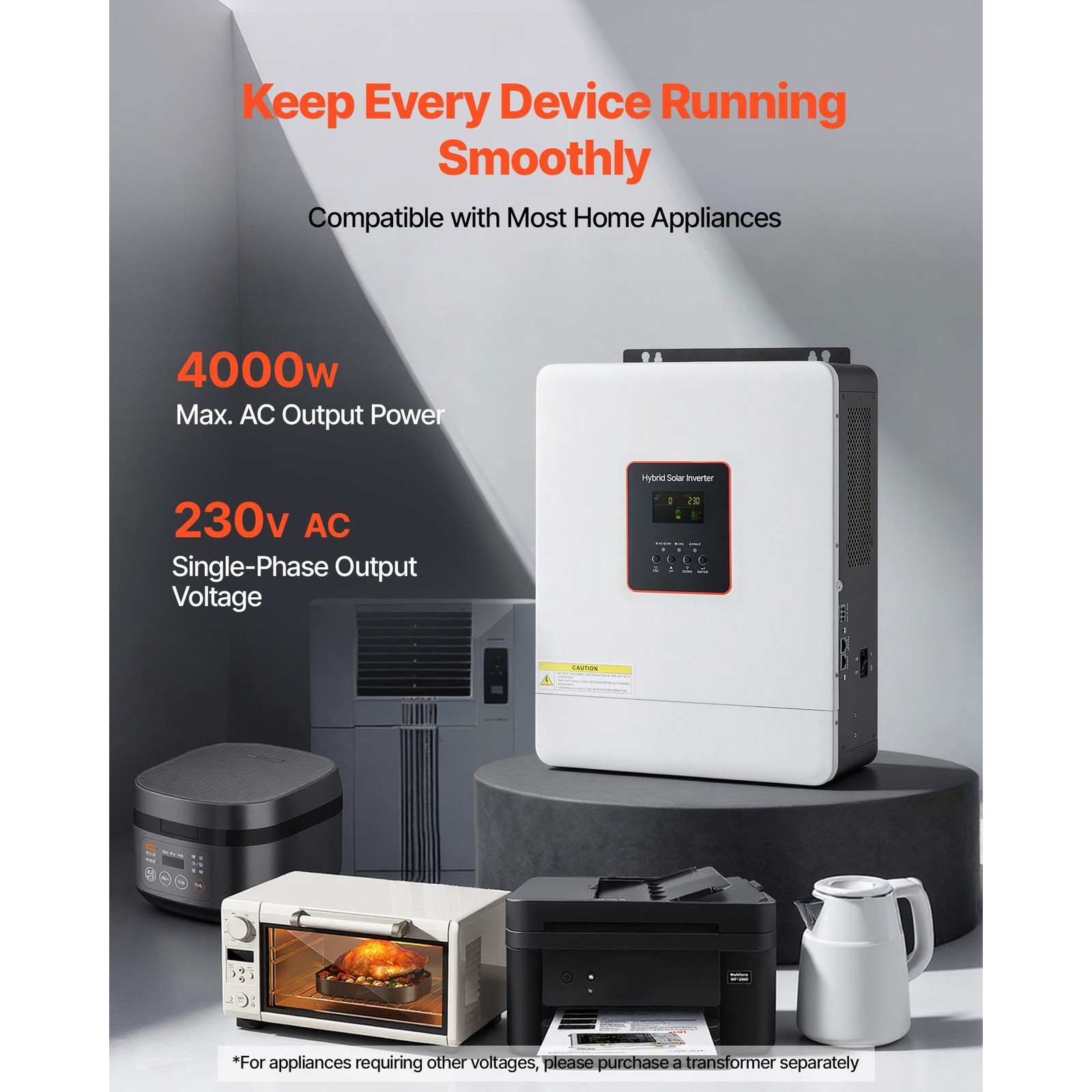 4000W Hybrid Solar Inverter, 24V to 230V AC, Pure Sine Wave with MPPT