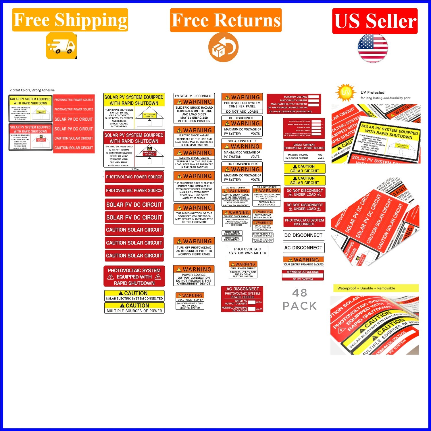 48-Pack Solar Energy Safety Stickers for PV Systems, Waterproof, Durable
