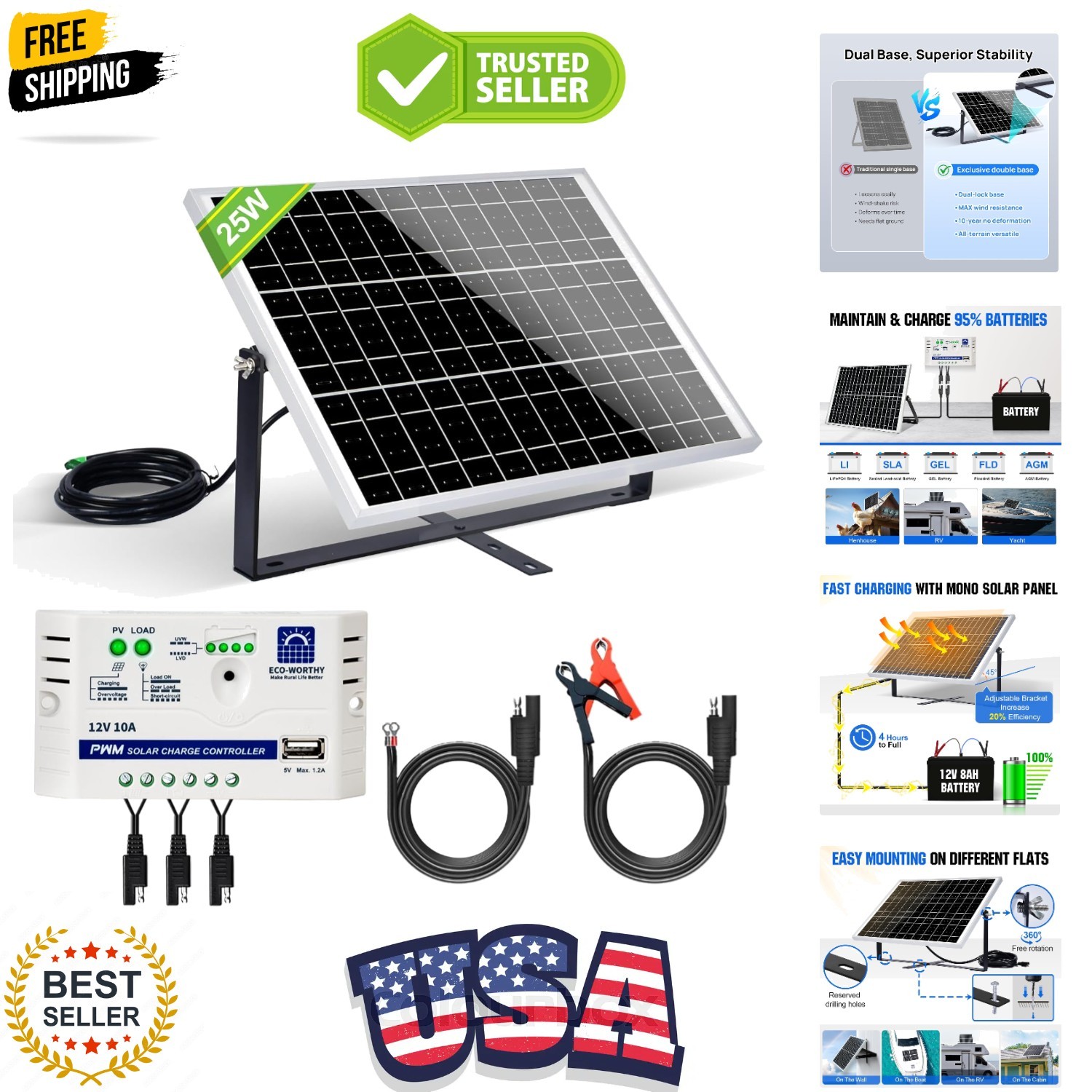 25 Watts 12V Off Grid Solar Battery Charger Kit: Waterproof Solar Panel + Adj…