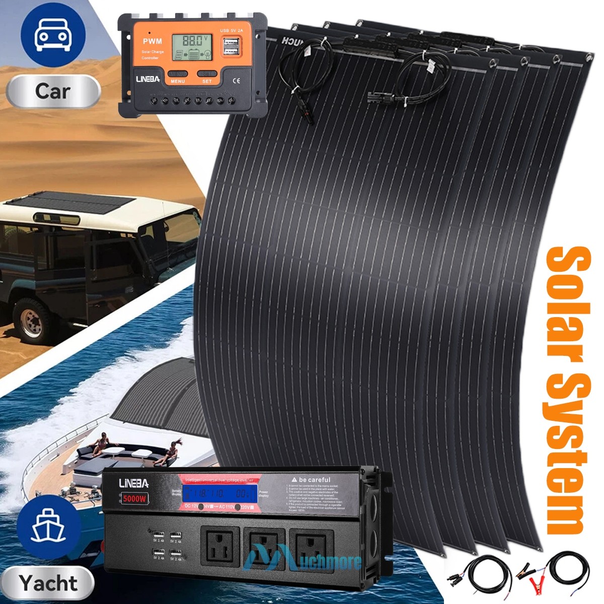400W Flexible Solar Panel Kit Mono for RV Camping Home Boat & 5000W Car Inverter