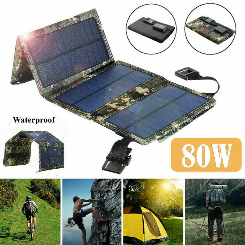 Folding Solar Panel Power Bank USB Battery Charger Outdoor Hiking Camping 80W