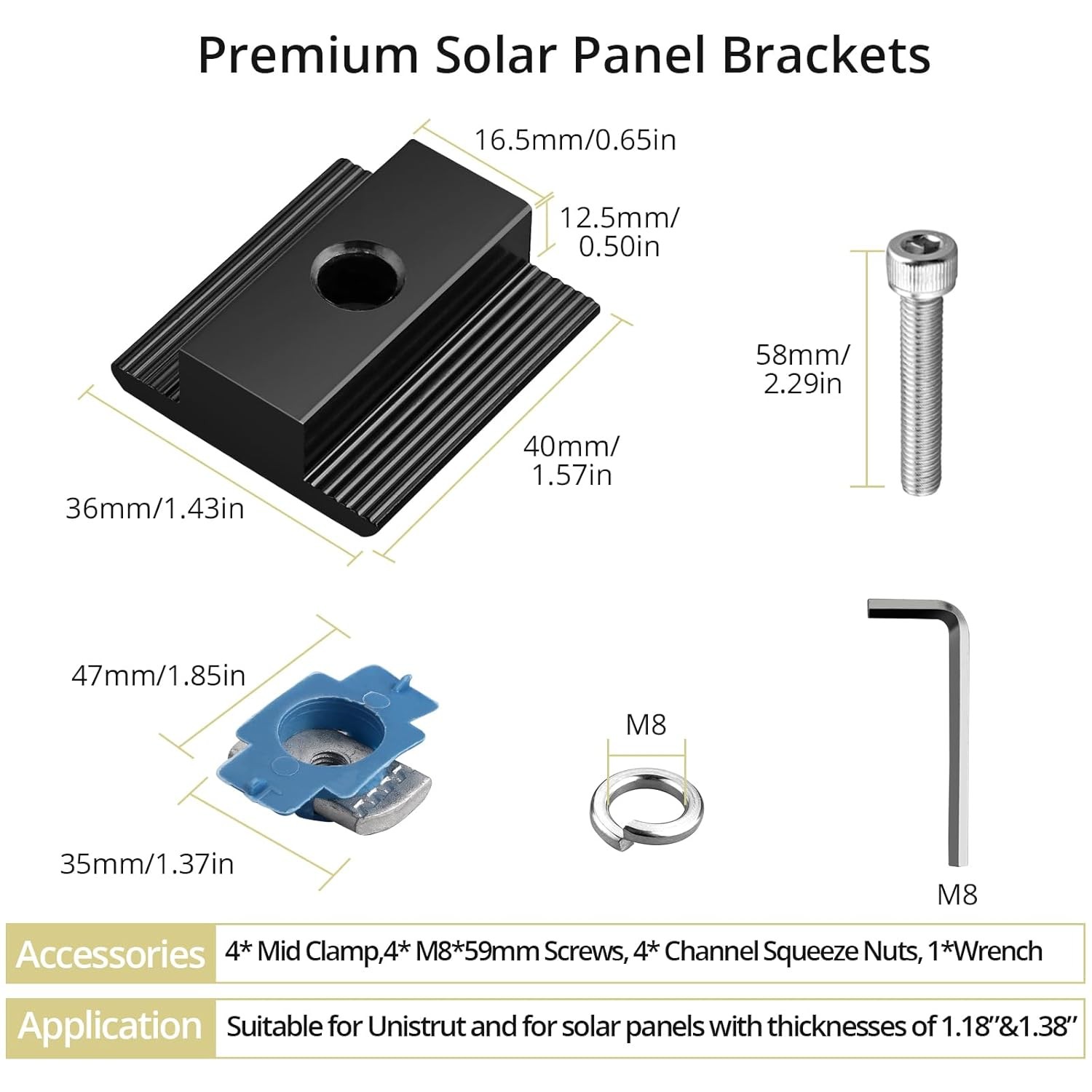4pcs Solar Panel Mid Clamps Aluminum Mounting for Standard Unistrut