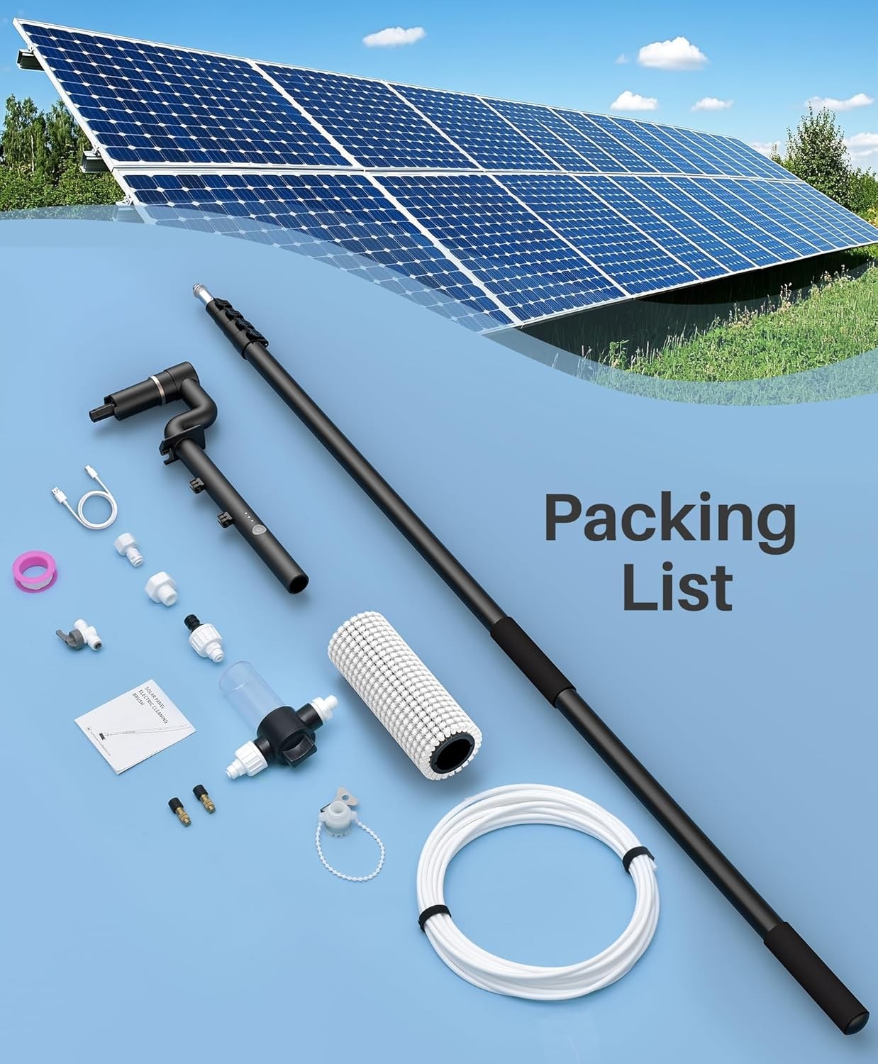 20ft Electric Solar Panel Cleaning Brush Kit Water Fed Pole 2 Speed Soap Dispens
