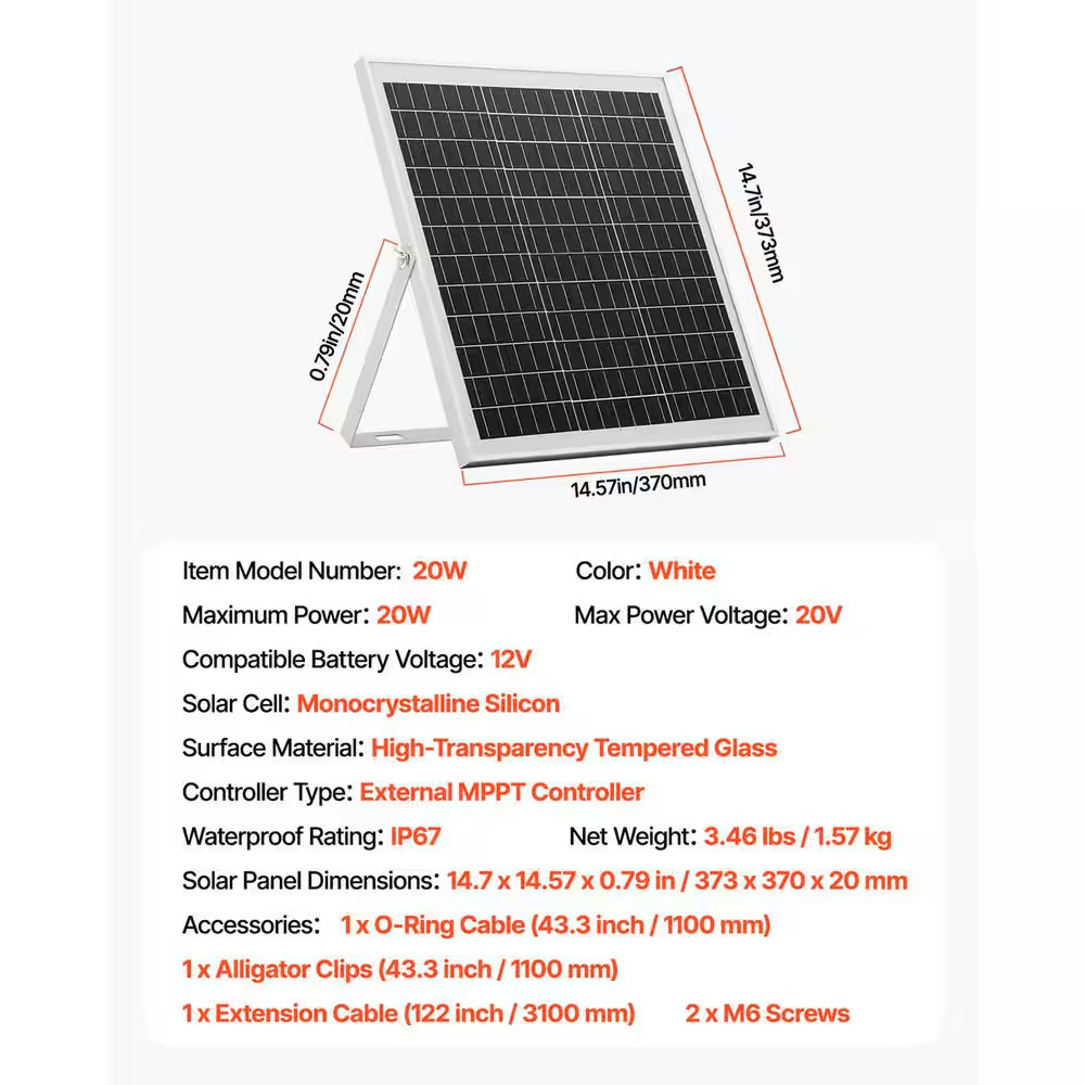 20-Watt 12V Solar Panel Charger, Solar Battery Maintainer with Smart MPPT Contro
