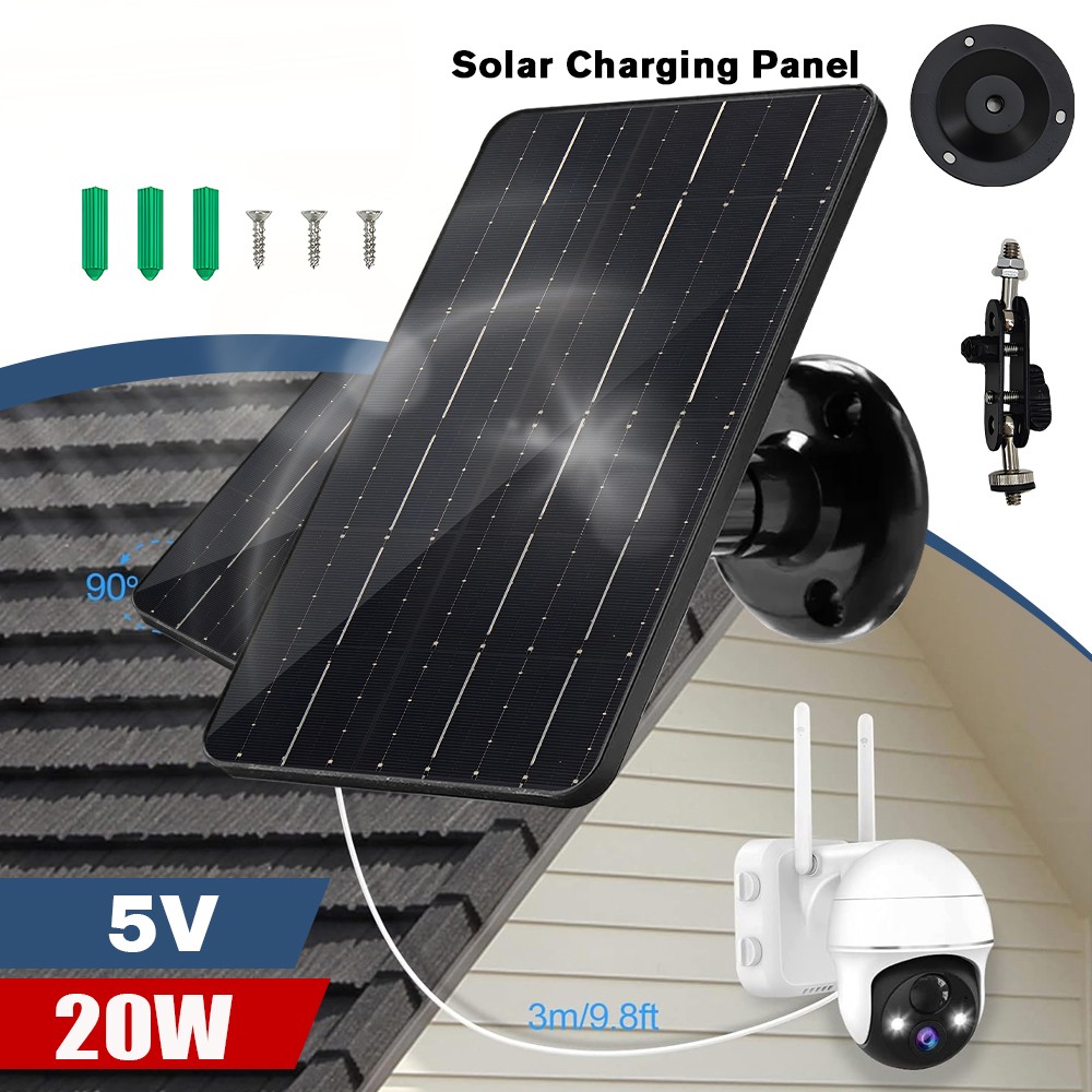 20W 5V USB C Solar Panel For Security Camera 360°Adjustable Mounting Waterproof