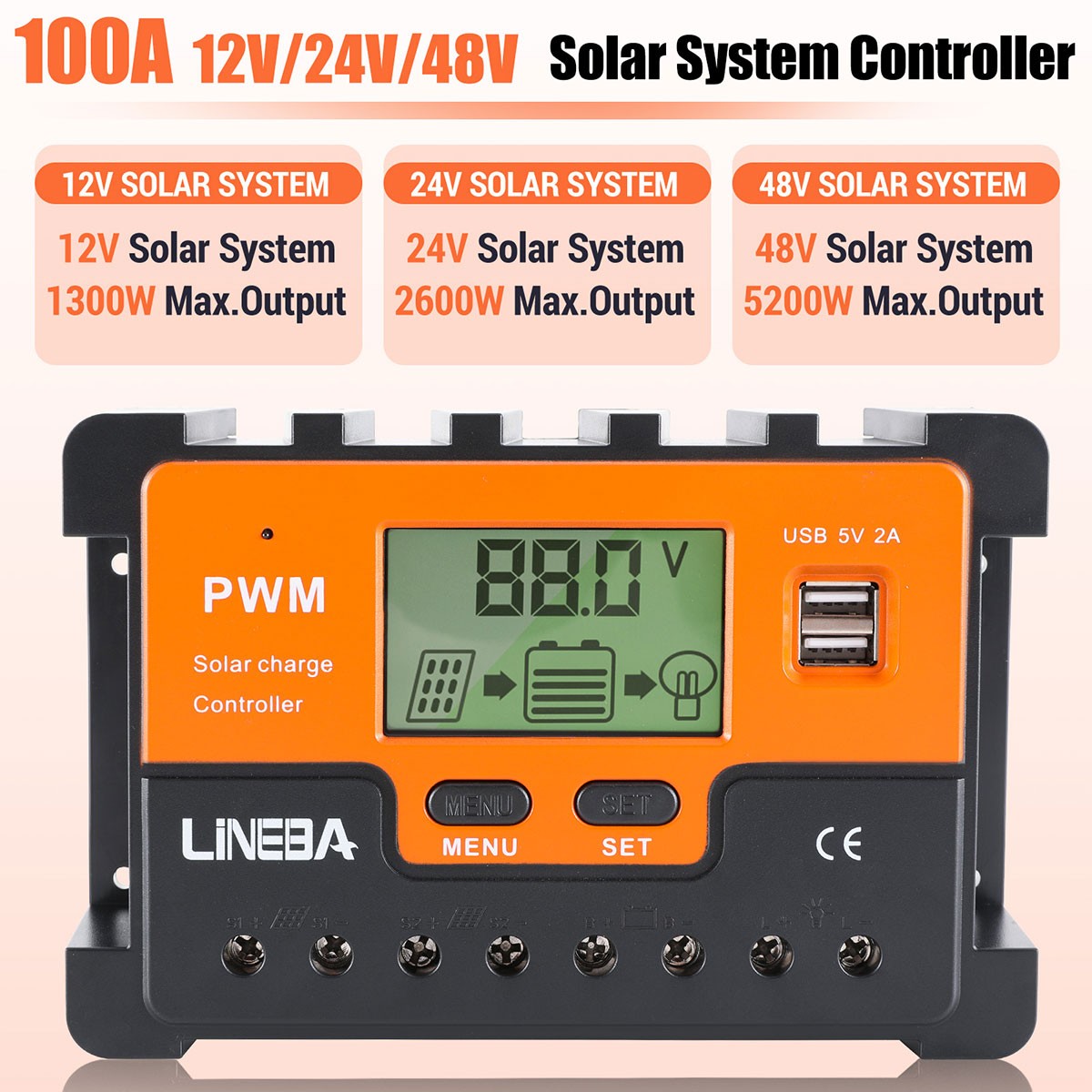 5200W 100A Solar Charge Controller Dual USB 12V 24V 48V PV Battery Regulator USA