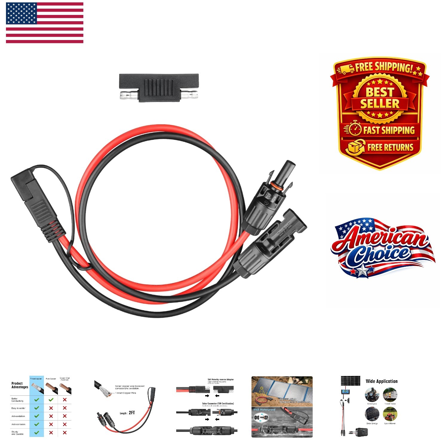 Weatherproof 10AWG Solar Panel Connector & SAE Polarity Reverse Adapter