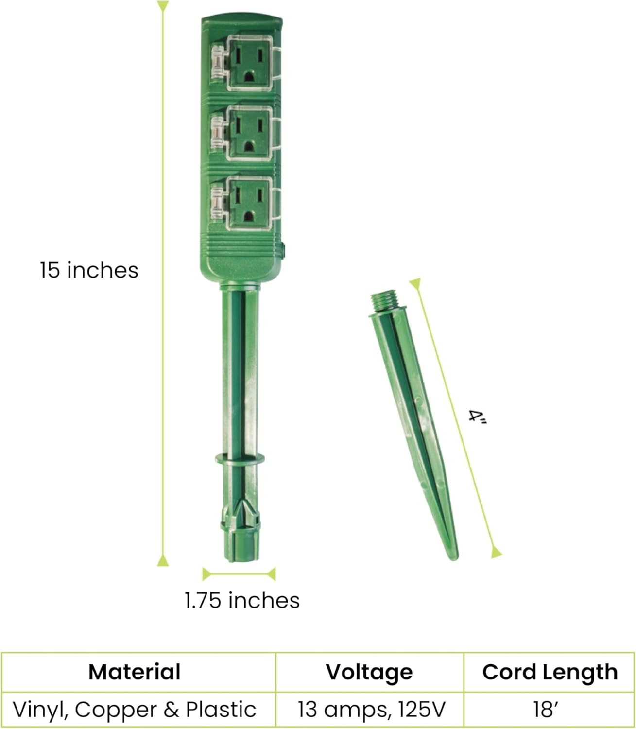 Go Green Power Gogreen Power 18/2 18-Ft 3-Outlet Outdoor Power Stake, Green (GG-
