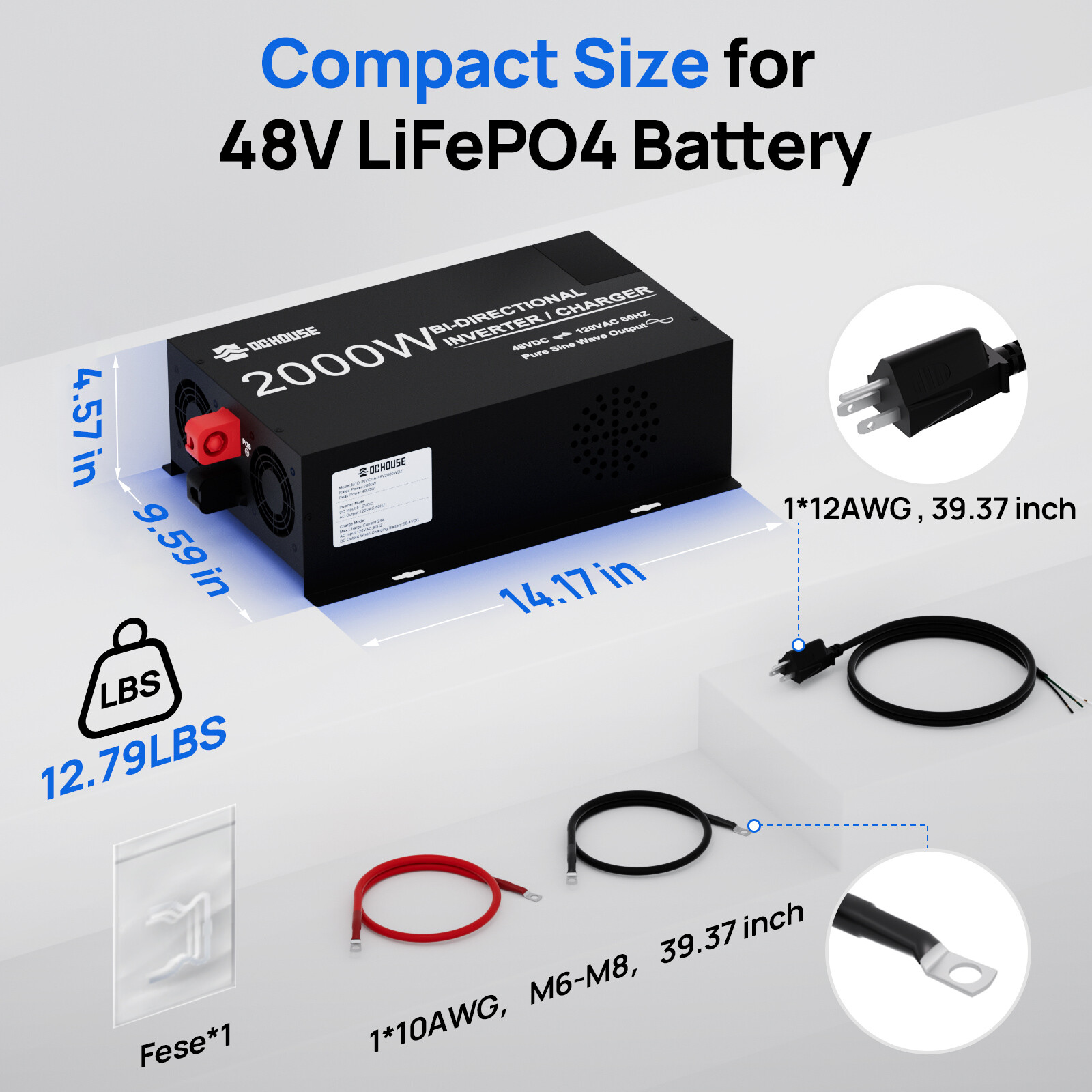 48V 2000W Pure Sine Wave Inverter 25A Lithium Battery Charger 2 in 1 Golf Carts