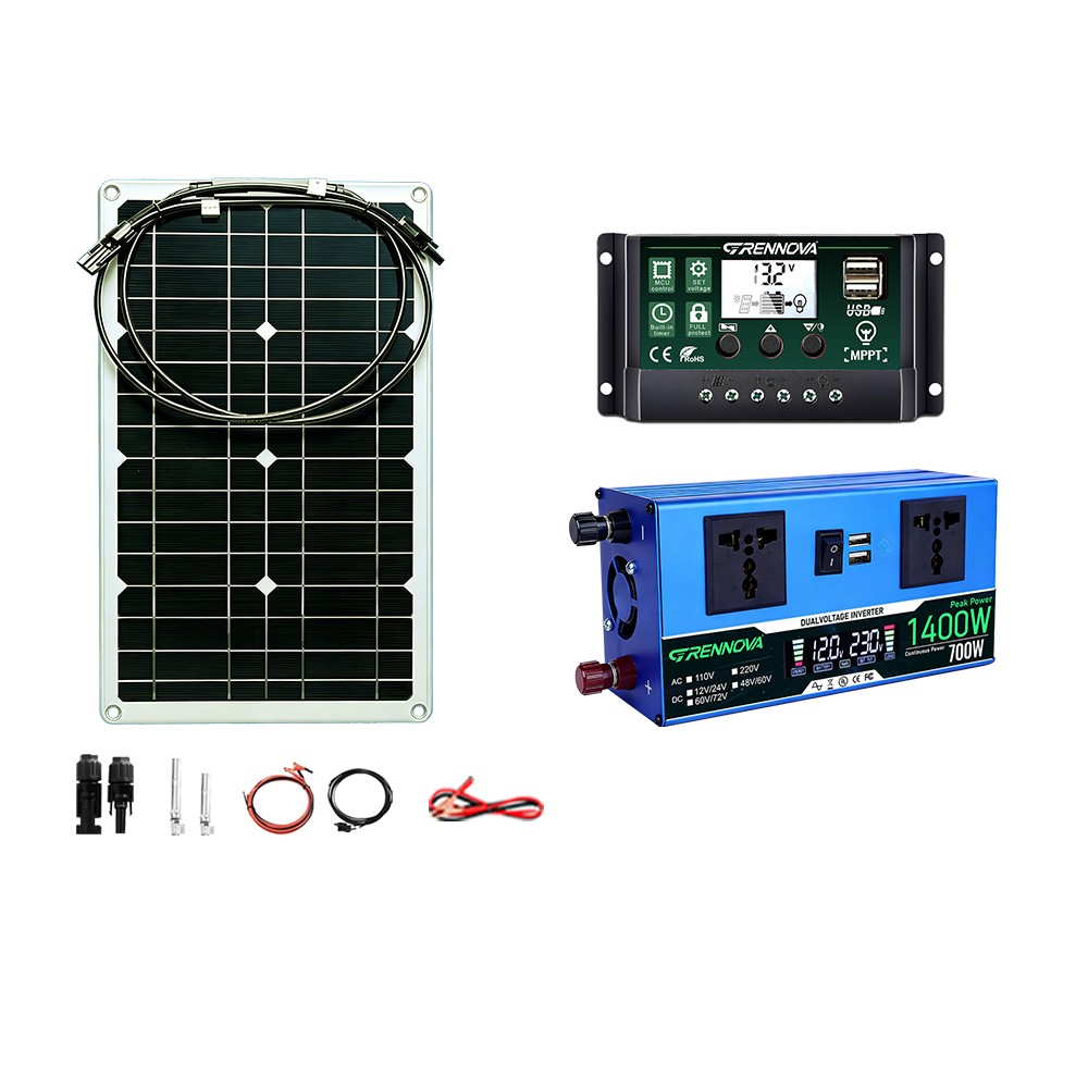 Grennova 1400W Solar Kit 80W Mono 60A MPPT 12/24V 110/220V Inverter RV Home