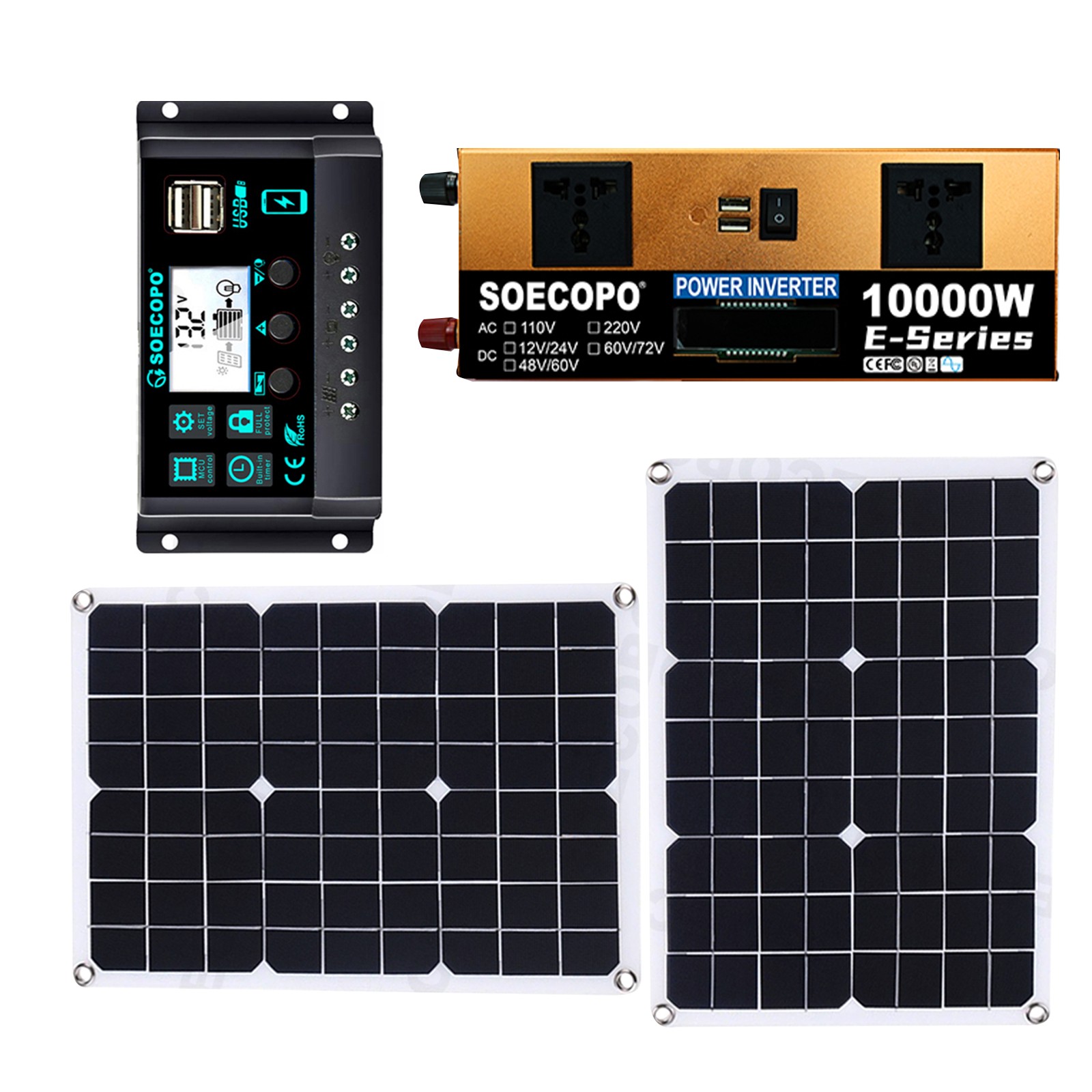 10000W Solar Kit Inverter 12V24V-110V/220V + 2pcs Solar Panels + Controller 100A