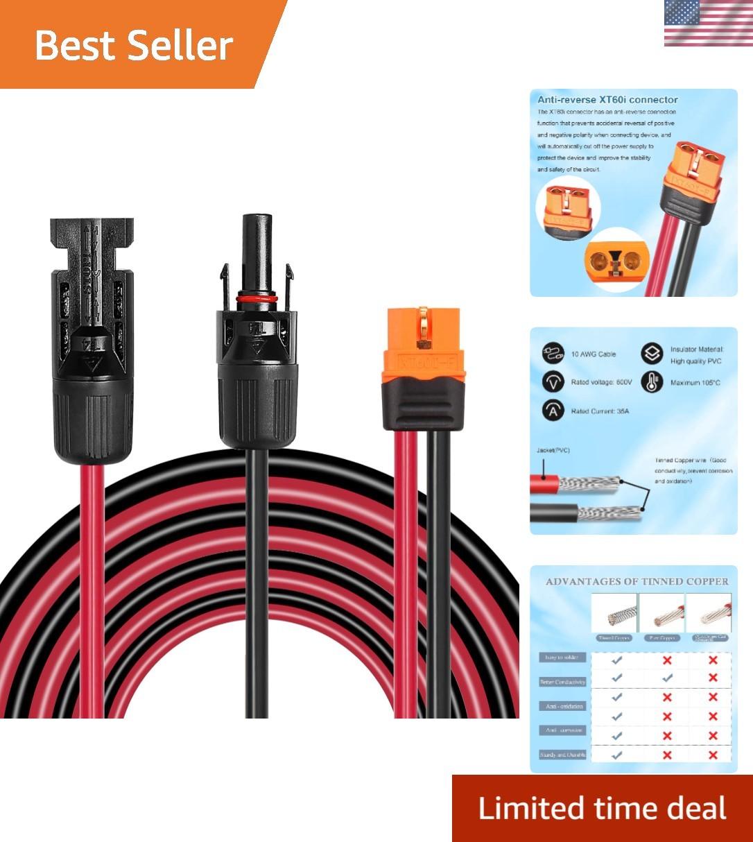 Durable 10FT 10AWG XT60i Solar Connector – Weatherproof & Heat Resistant