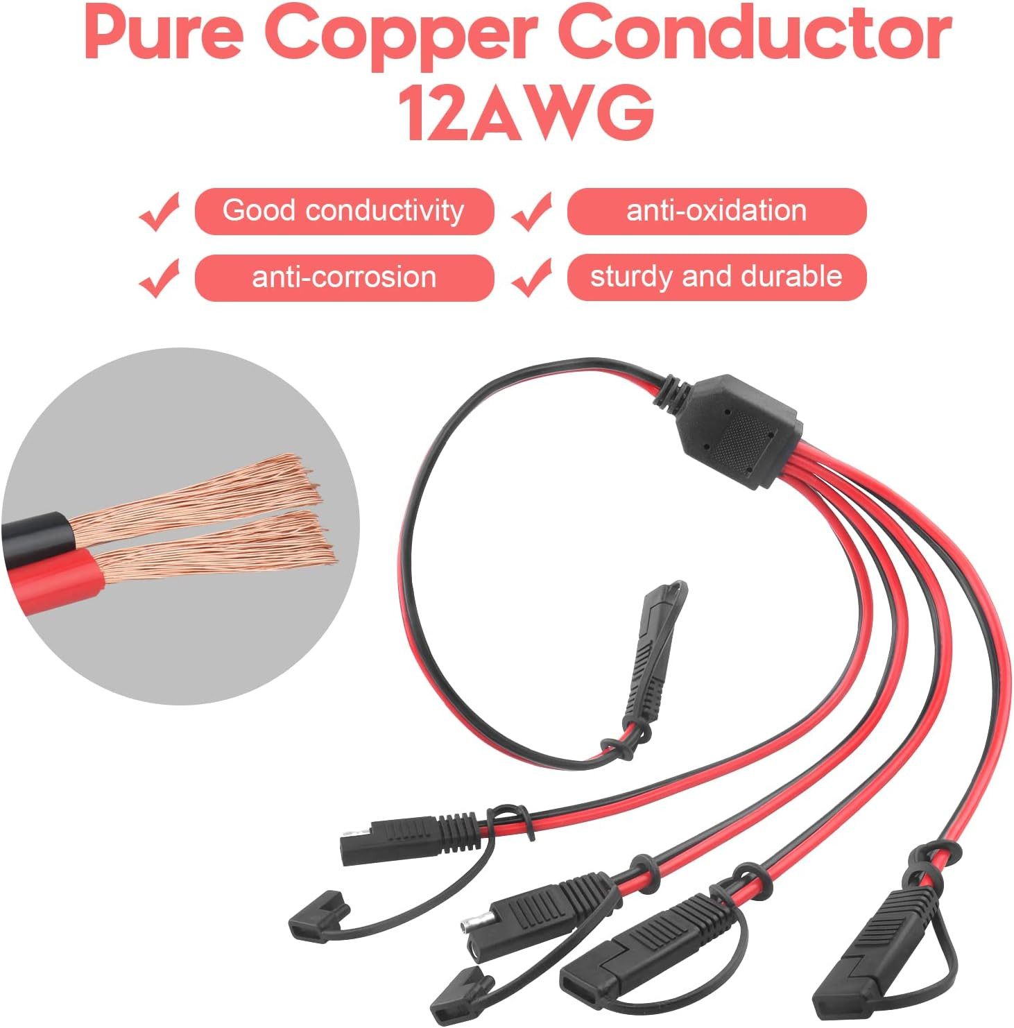 12AWG SAE Y Splitter Extension Cable with SAE Polarity Reverse Adapter 2 FT SAE