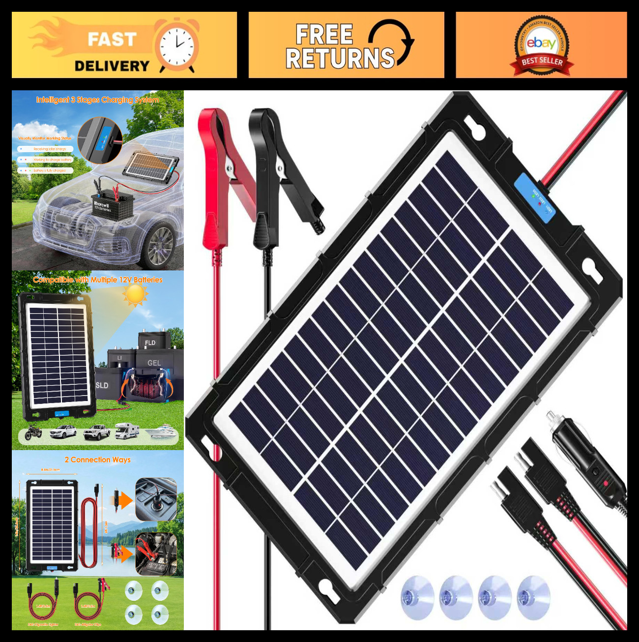 12V Solar Battery Charger & Maintainer – 8W Waterproof Trickle Charging Kit for