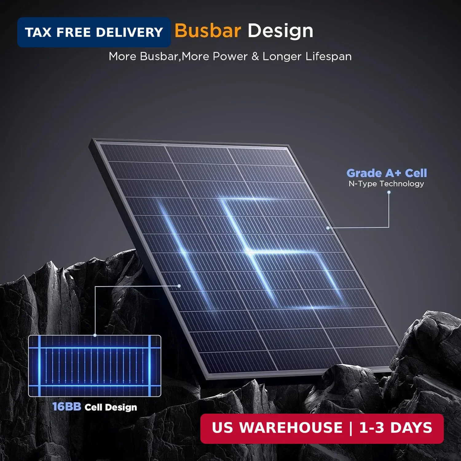 N-Type 16BB 100 Watt Solar Panel, 100W Solar Panel with 25% High Efficiency Mono