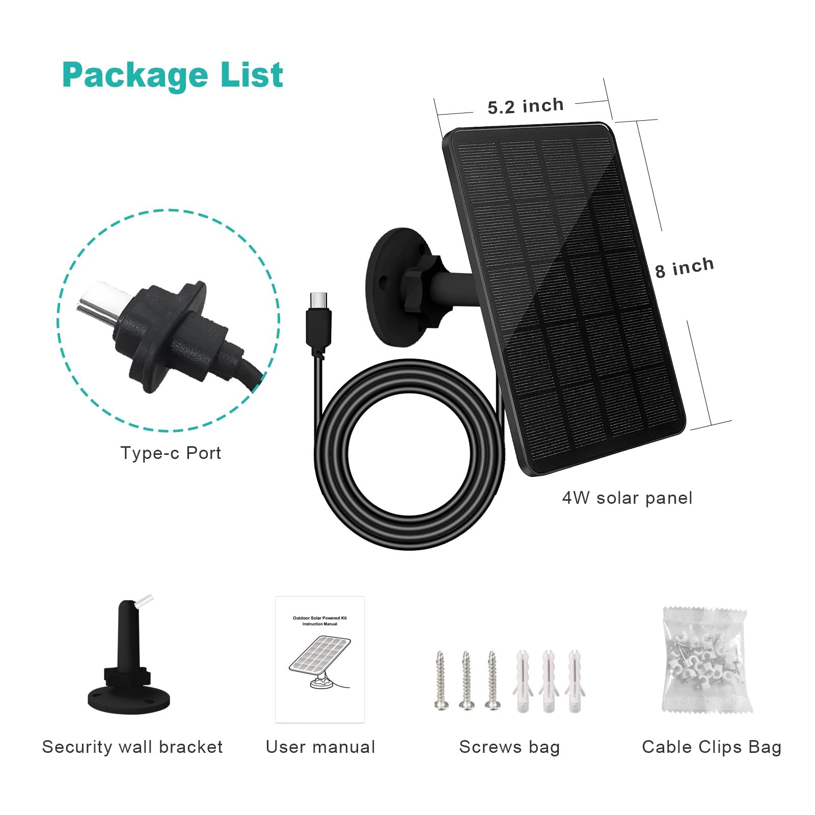 4W Solar Panel for Outdoor 4 Camera IP65 Waterproof with 13ft USB-C Cable Mount