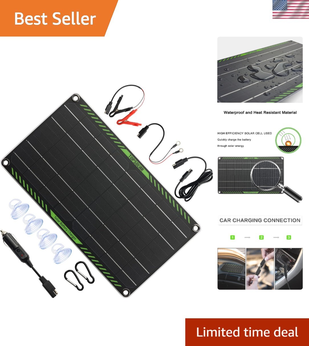 10W 12V Waterproof Solar Battery Charger – Portable Maintainer for Vehicles
