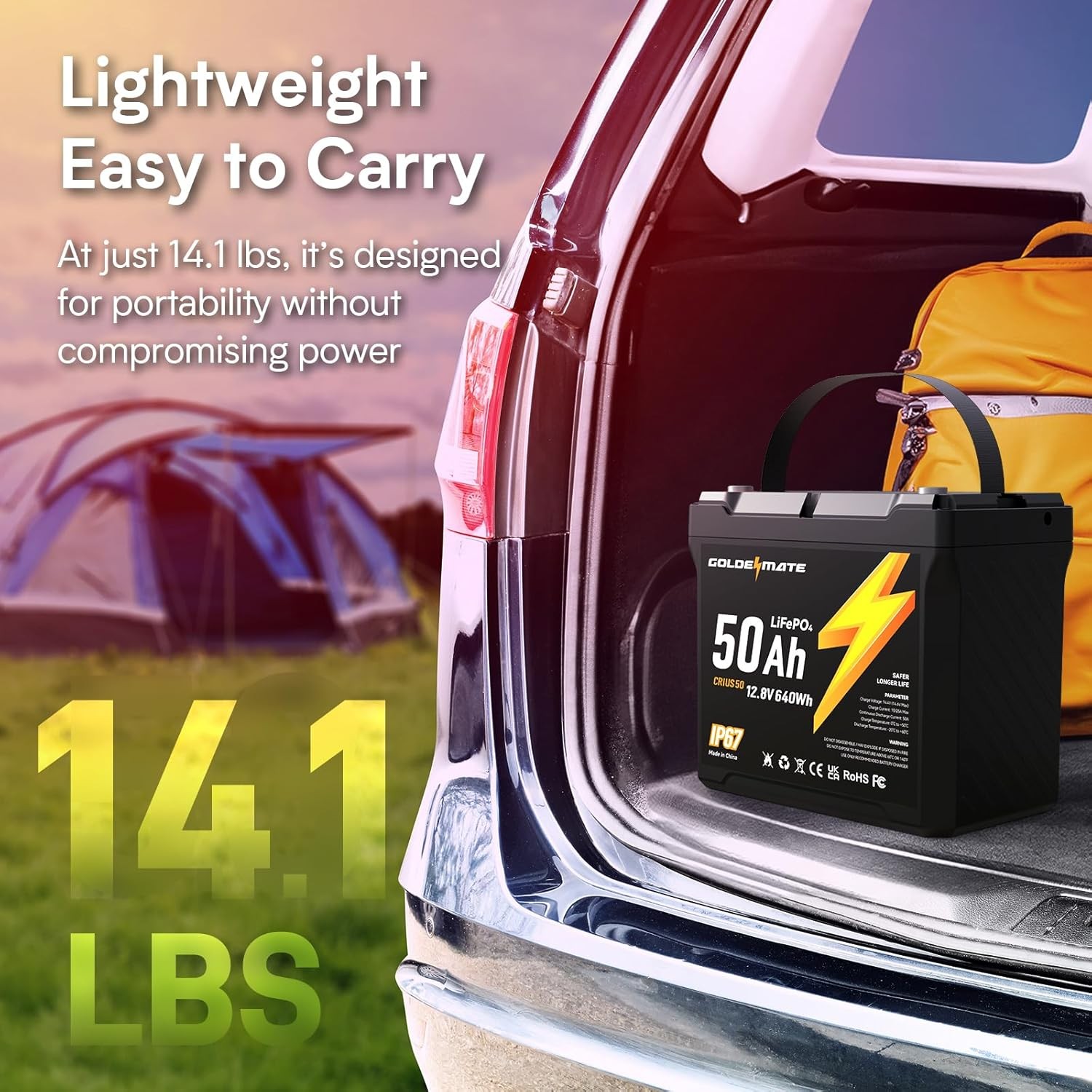 GOLDENMATE 12V 50Ah LiFePO4 Battery IP67 Waterproof Lithium Deep Cycle 640Wh