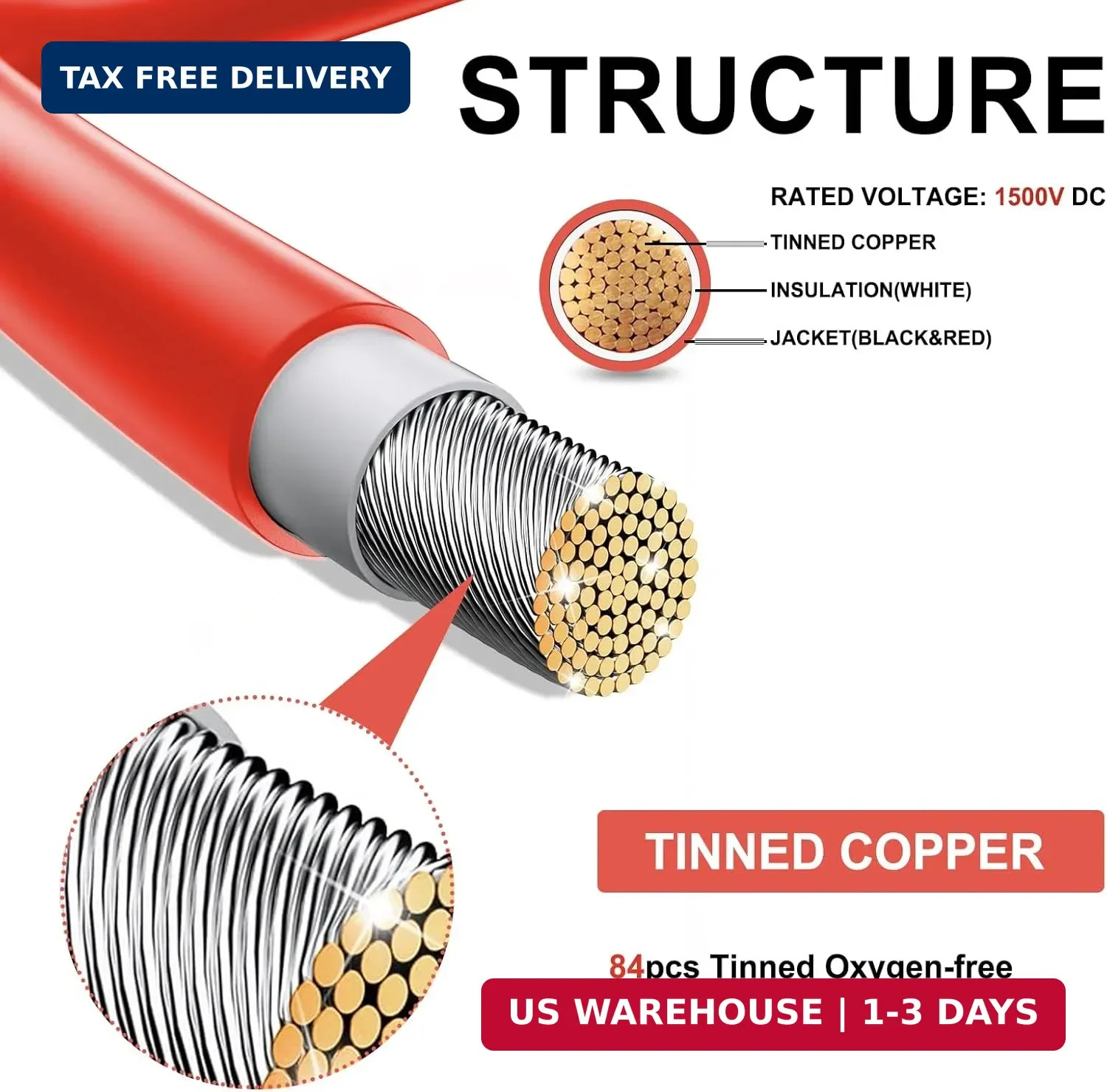 Twin Wire 50FT Solar Extension Cable – 10AWG (6mm) Black & Red with IP67 Solar P