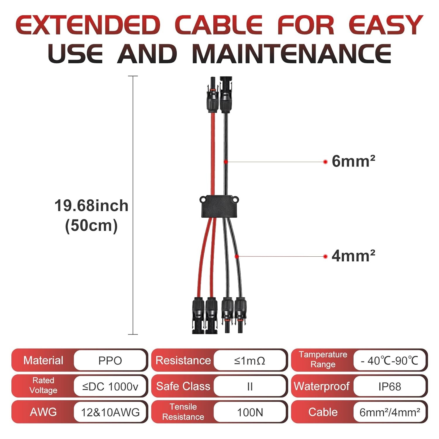 MC4 Y-Branch Solar Connectors 4-2 Parallel Adapter 10AWG IP68 Tool-Free 1.65FT
