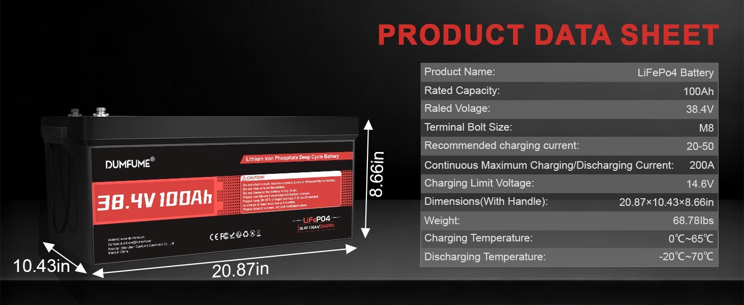 36V 100Ah LiFePO4 Lithium Battery 200A BMS 15000 Cycles For Golf Cart Off-grid