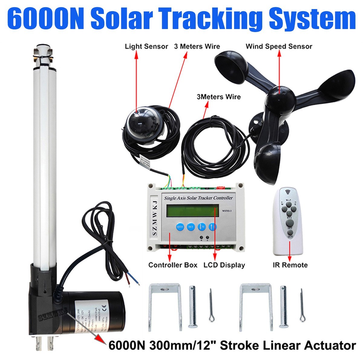 6000N Single Axis Solar Tracking System W/ 12V 12″ Linear Actuator W/ Anemometer