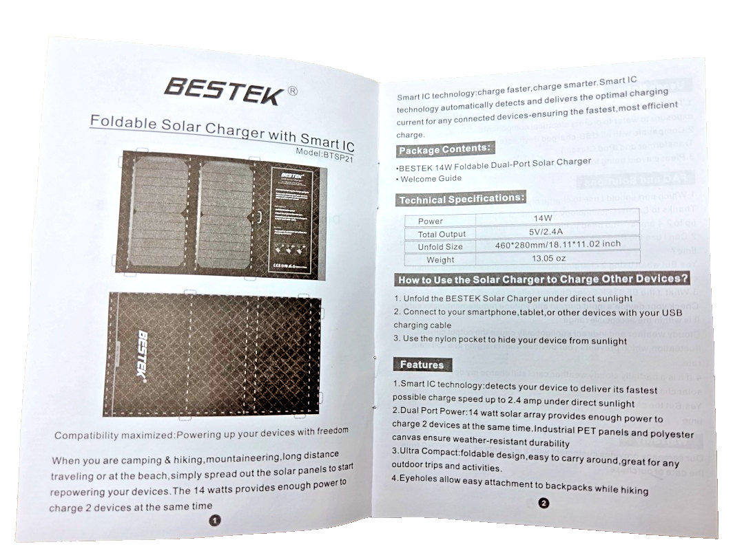 Bestek 14W Foldable Solar Charger with Smart IC – Model BTSP21-US