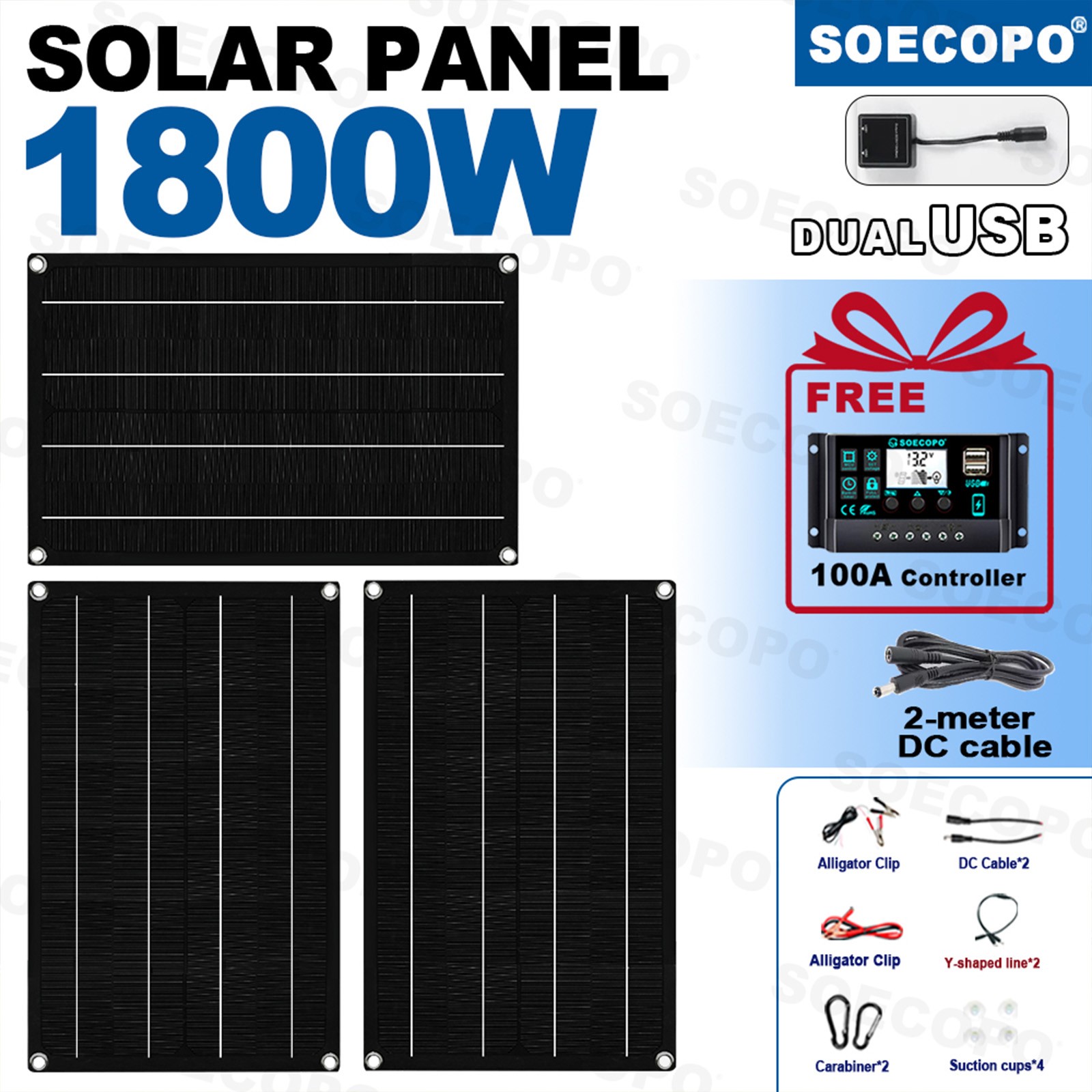 1800W RV Solar Panel Kit – 3 x 600W Flexible Panels + 100A Controller + Y-Cabl
