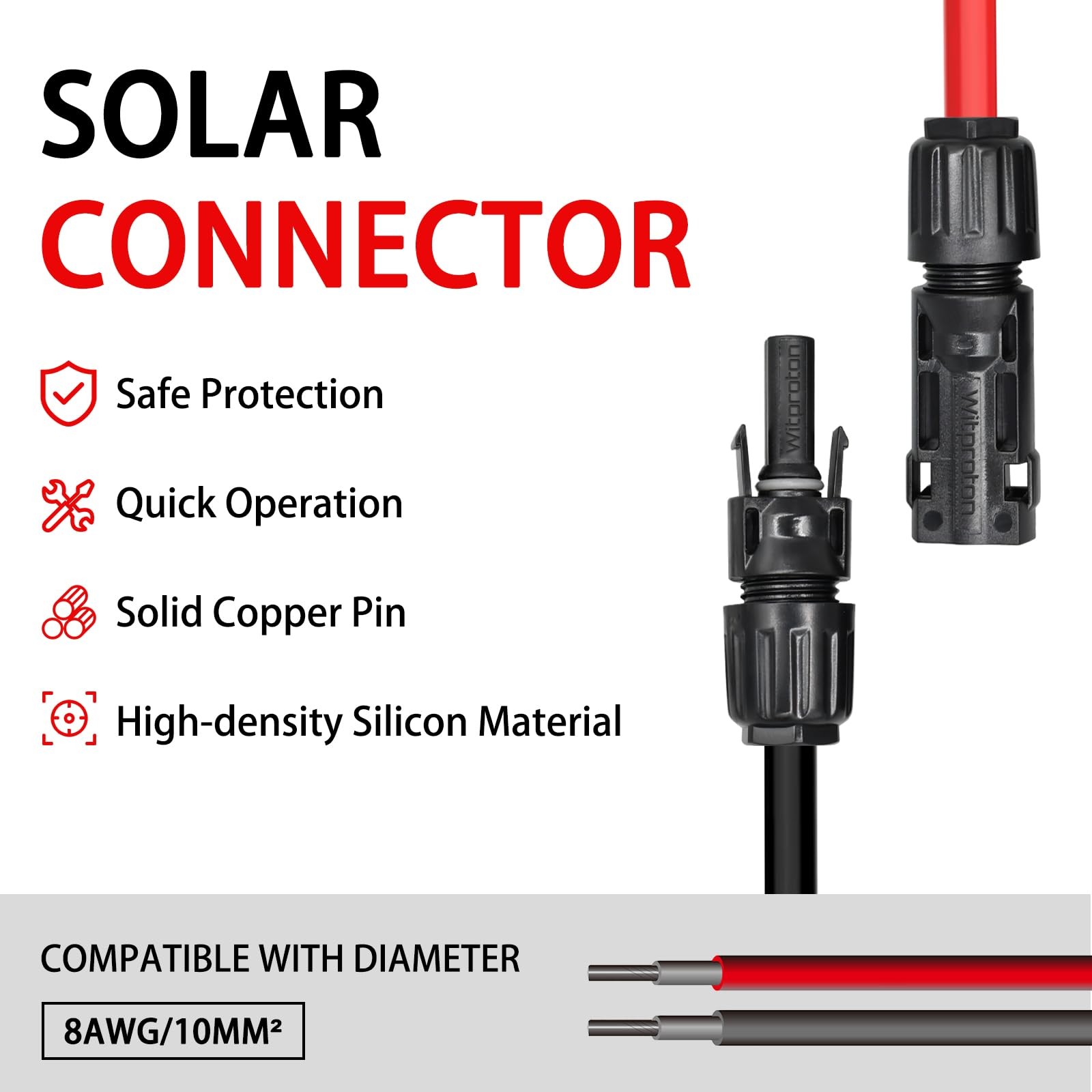 Witproton 8AWG Solar Connectors IP68 Waterproof 1500V 70A Solid Tinned Copper…