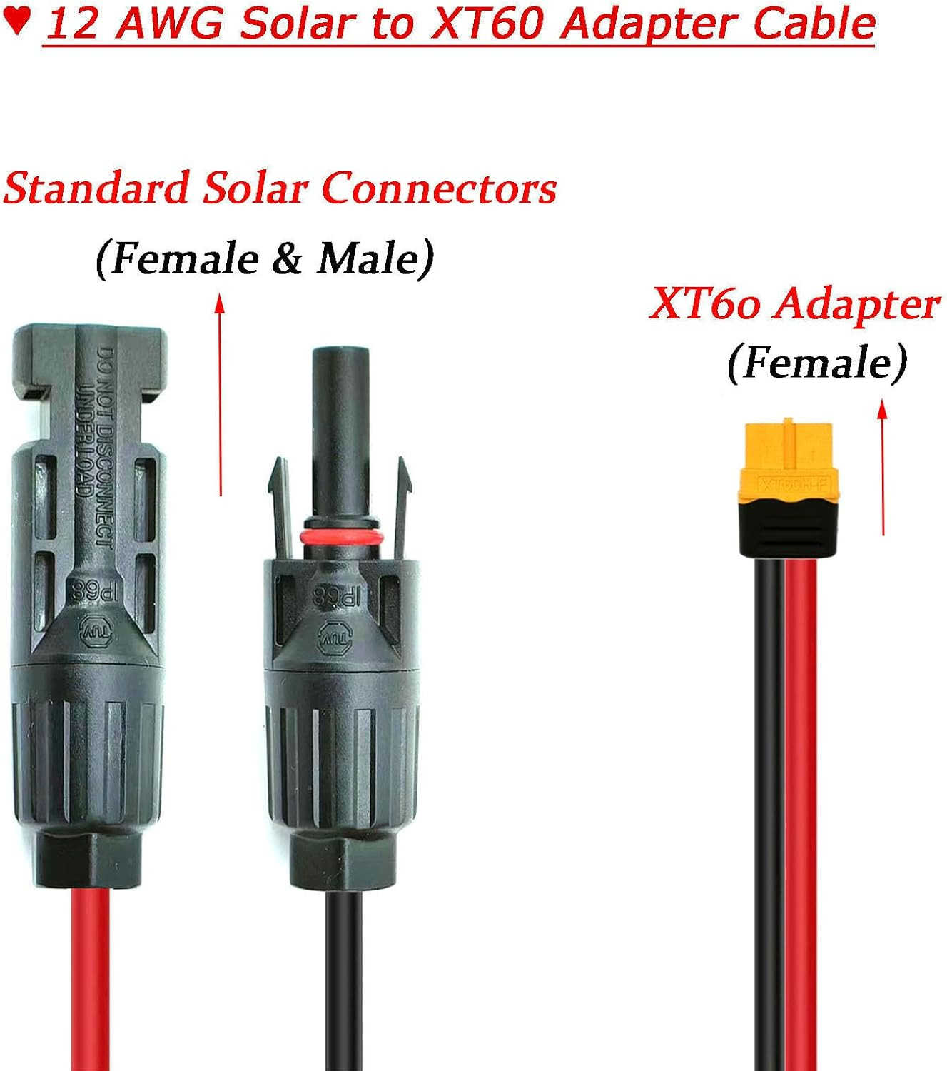 50FT Solar XT60 Adapter Cable 12AWG for Lifepo4 Batteries & Power Stations