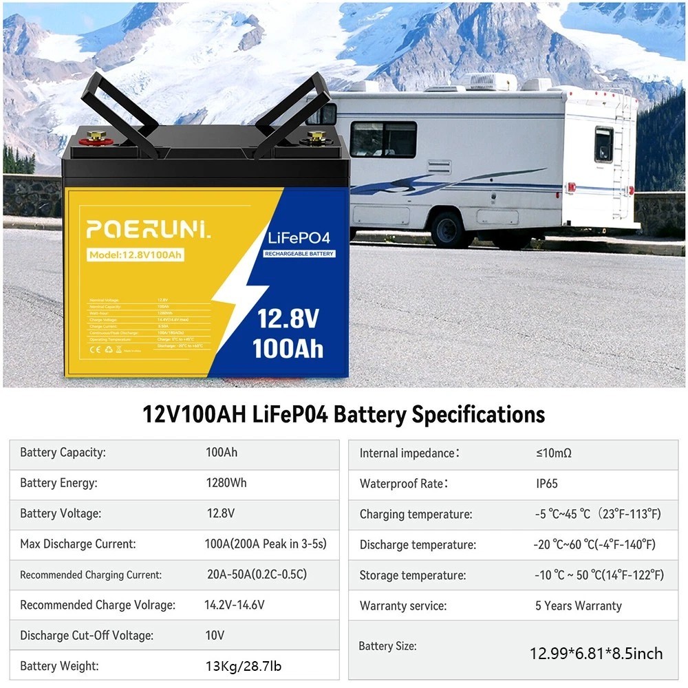 POERUNI 12V 100Ah Lithium LiFePO4 Battery for Deep Cycle RV Marine Off-Grid NEW
