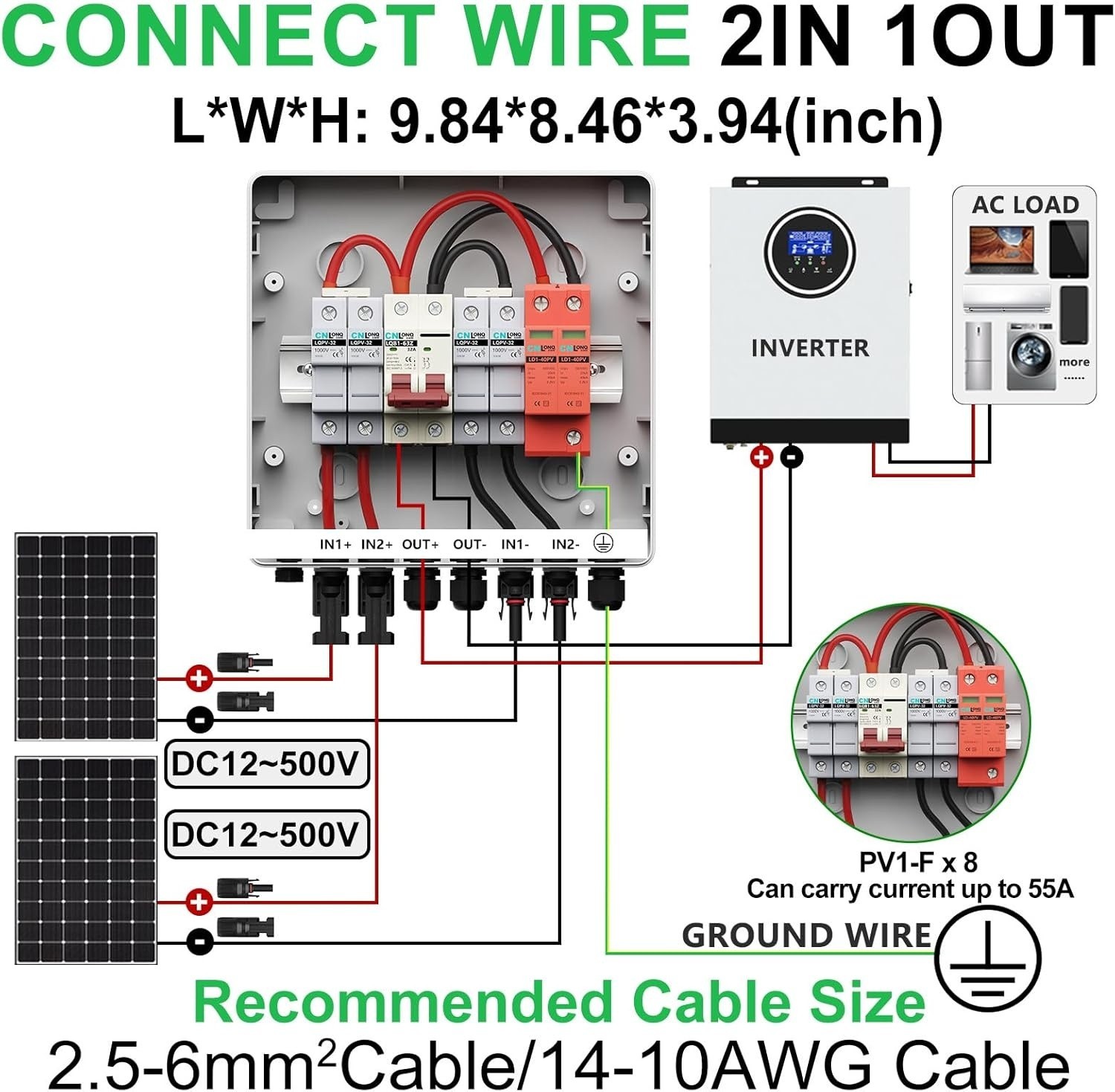2 String Solar PV Combiner Box IP65 2 in 1 Out DC500V 32A For Solar Panel System