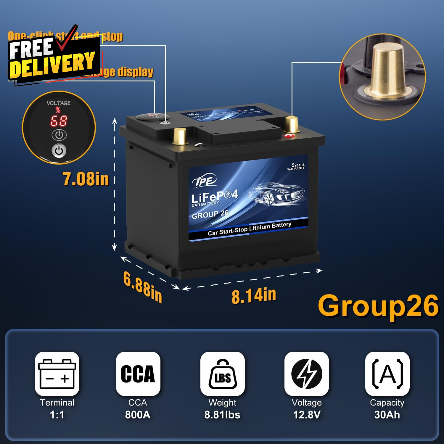 Car Start Stop System BCI Group26 Lifepo4 Lithium-Ion Battery 12.8V 800A Light..