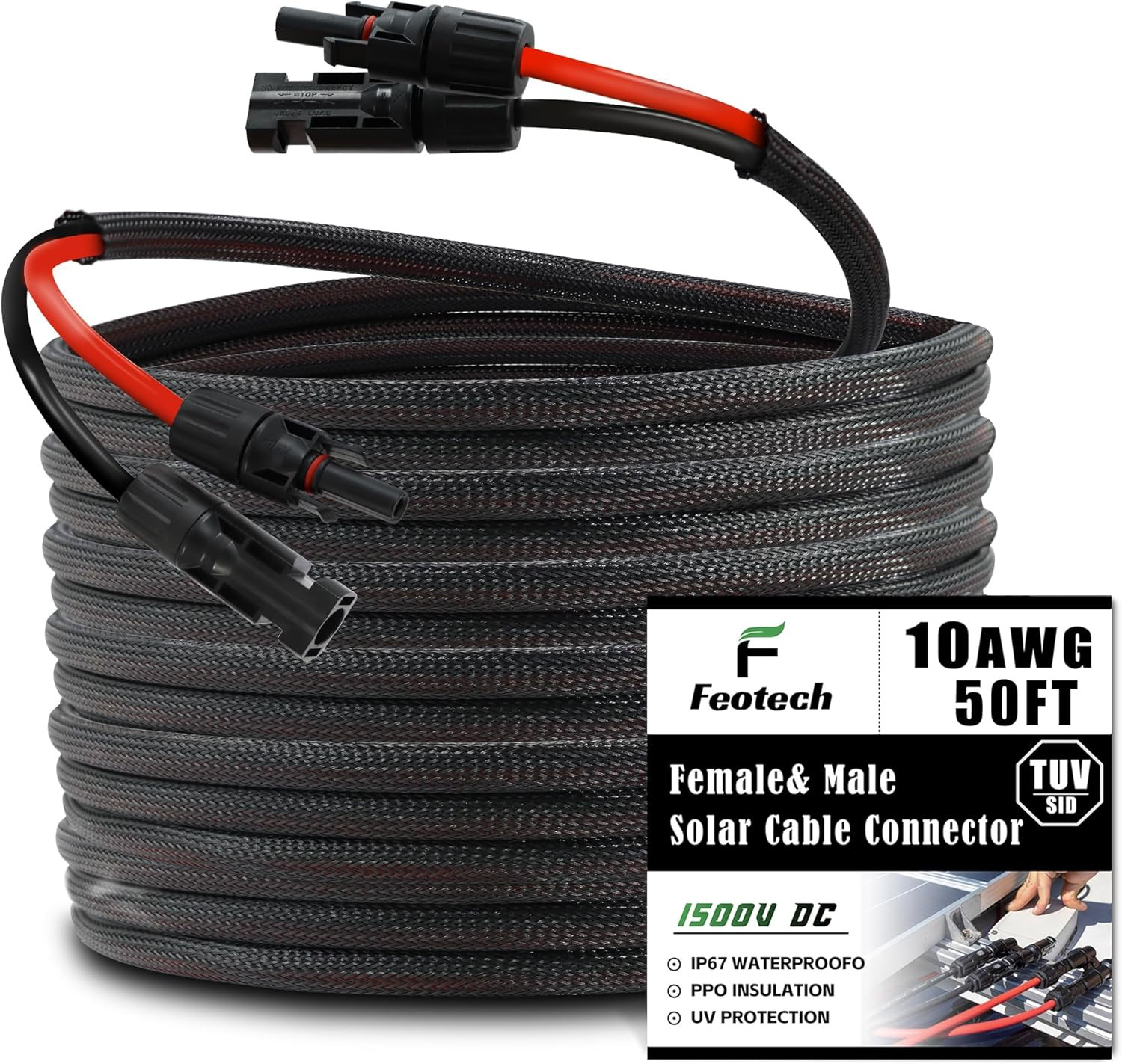 Twin Wire 50FT Solar Extension Cable – 10AWG (6Mm) Black & Red with IP67 Solar P