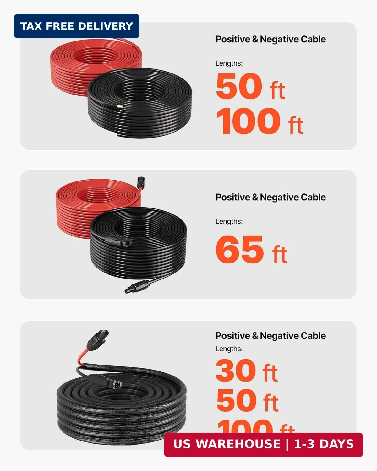 VEVOR Solar Panel Wire, 100 ft Black + 100 ft Red Kit, 10 AWG (6 mm²) Solar Pane
