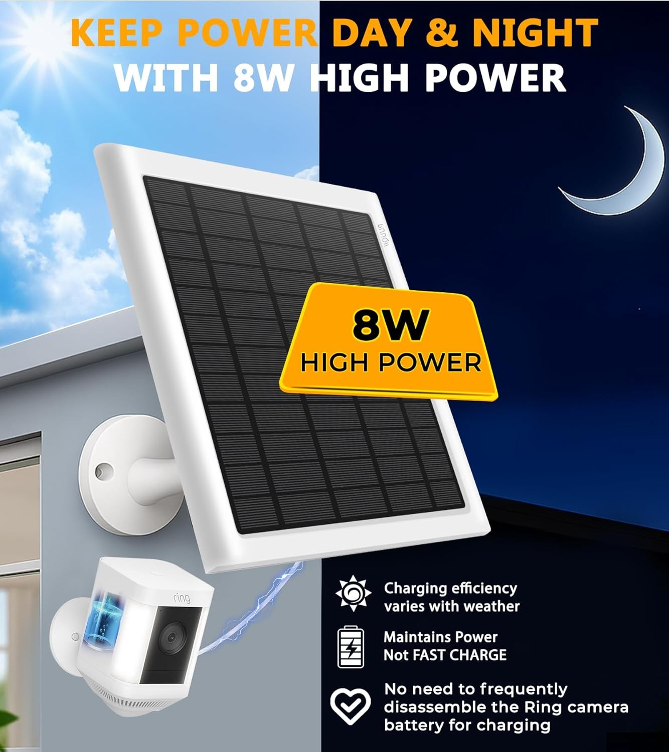 8W Solar Panel for Ring Camera, Solar Panel Charger Compatible with Ring Stick