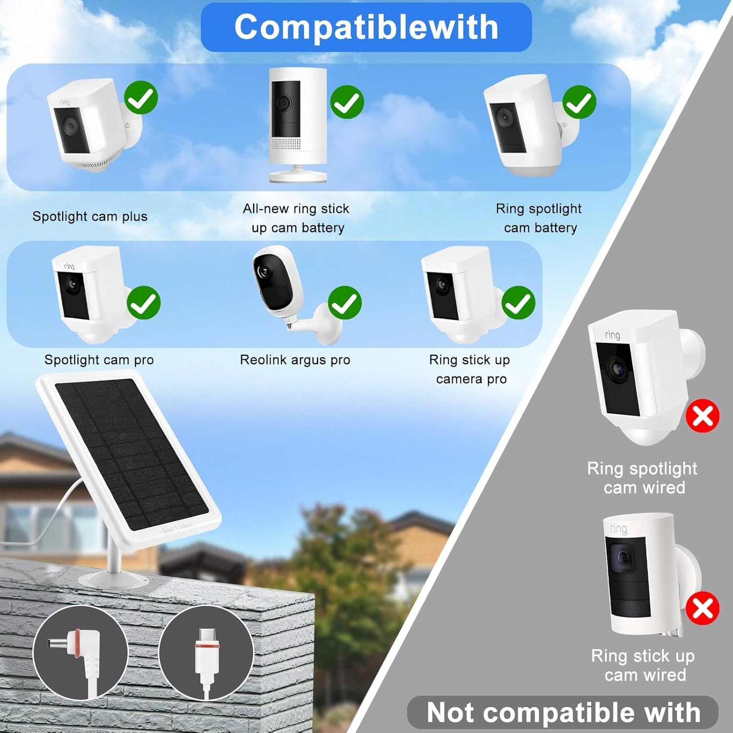 Solar Panel Charger for Ring Camera White Compatible 2 Pack Ring Solar Panel