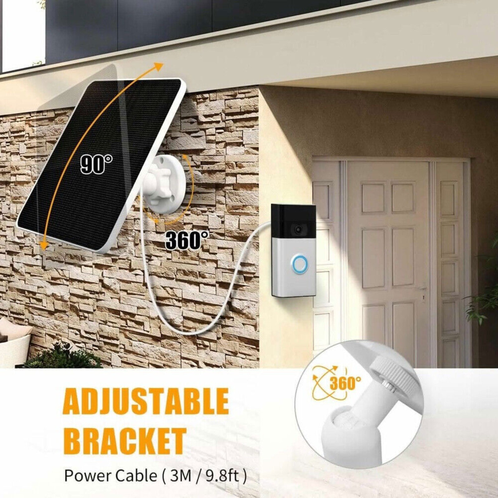 Solar Panel Charger 4W for Ring Video Doorbell 4/3/2 Solar Charger W/Power Cable