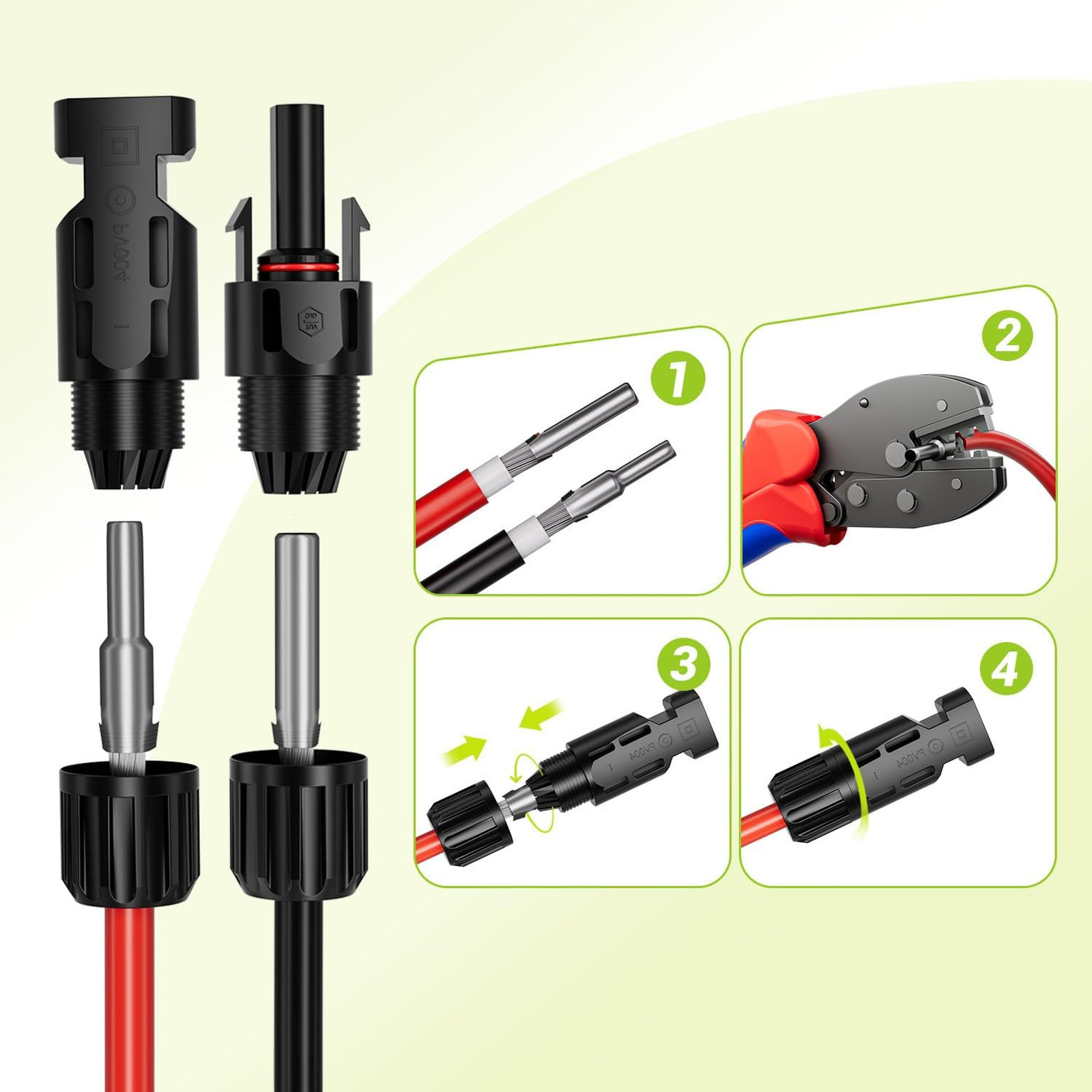 10AWG Solar Panel Extension Cable, 6mm2 Tinned Copper PV Wire, 50FT Red Black